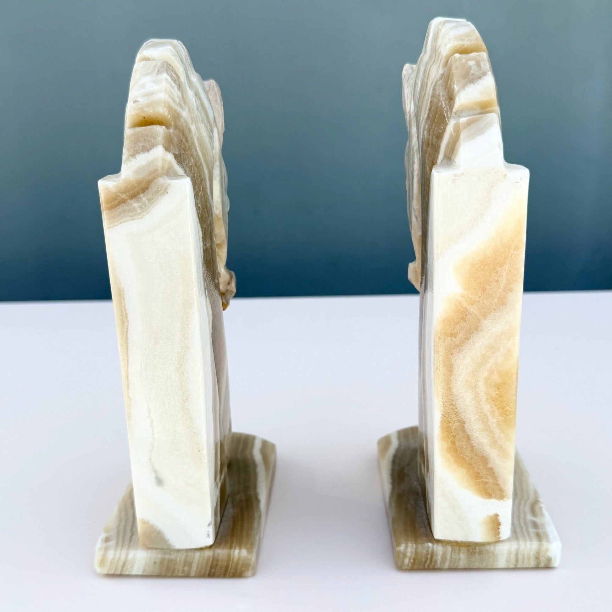 Mid-Century Modern Hand-Carved Banded Onyx Marble Horse Head Bookends Dolphin & Flamingo