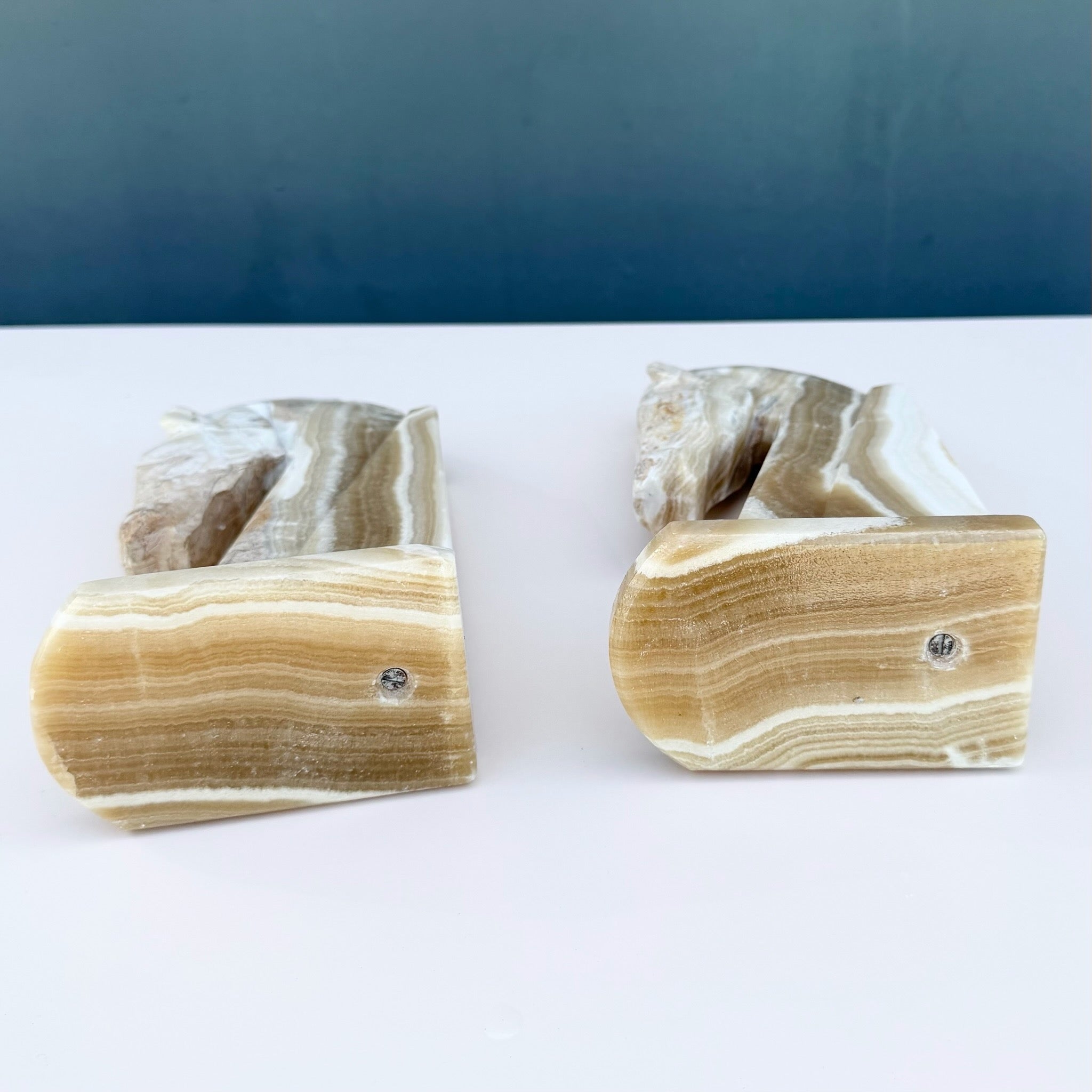 Mid-Century Modern Hand-Carved Banded Onyx Marble Horse Head Bookends Dolphin & Flamingo