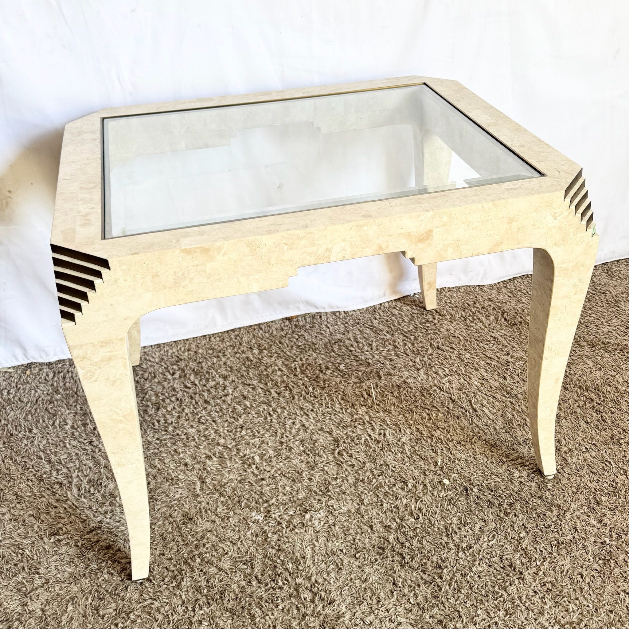 Postmodern Tessellated Stone and Brass Glass Top Side Table