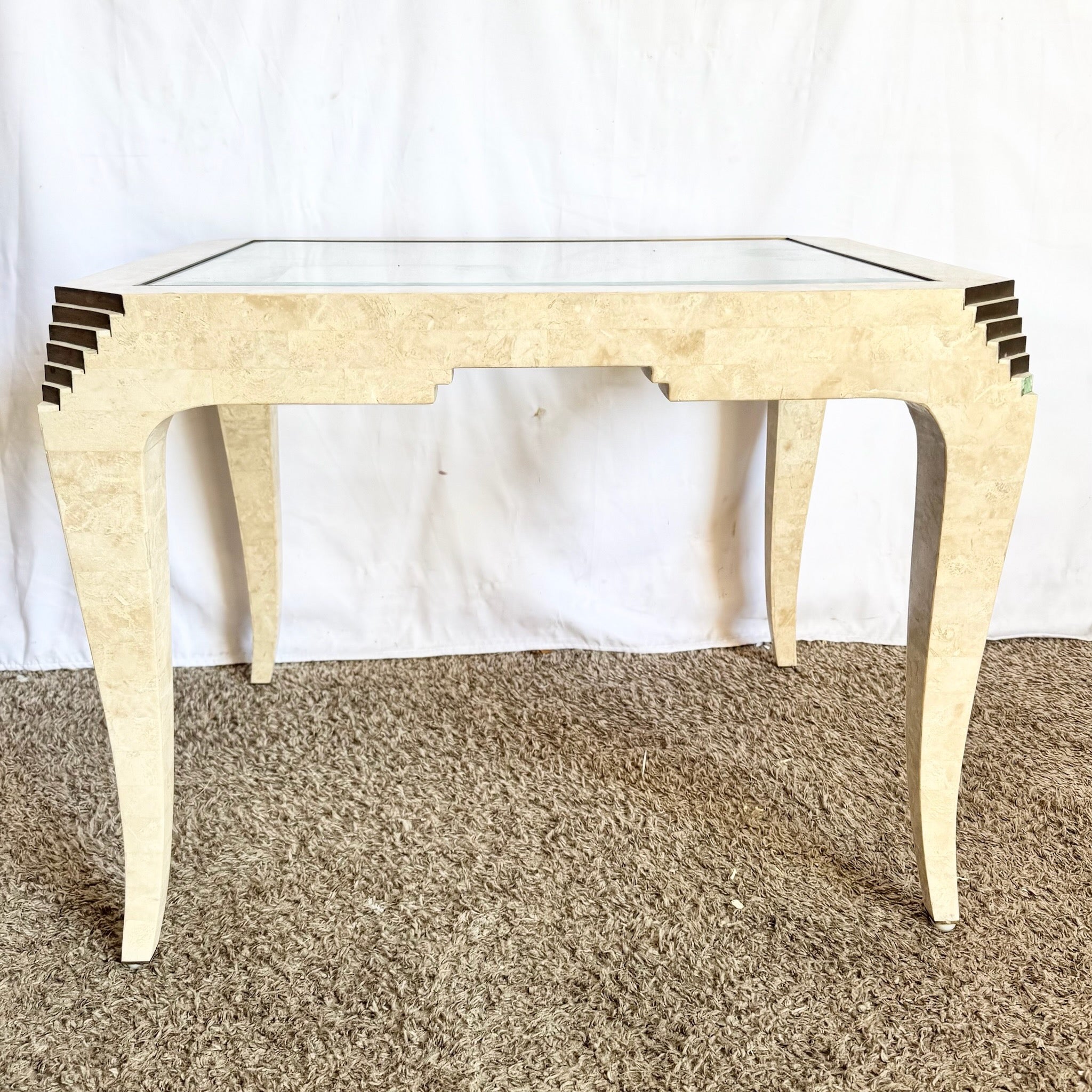 Postmodern Tessellated Stone and Brass Glass Top Side Table