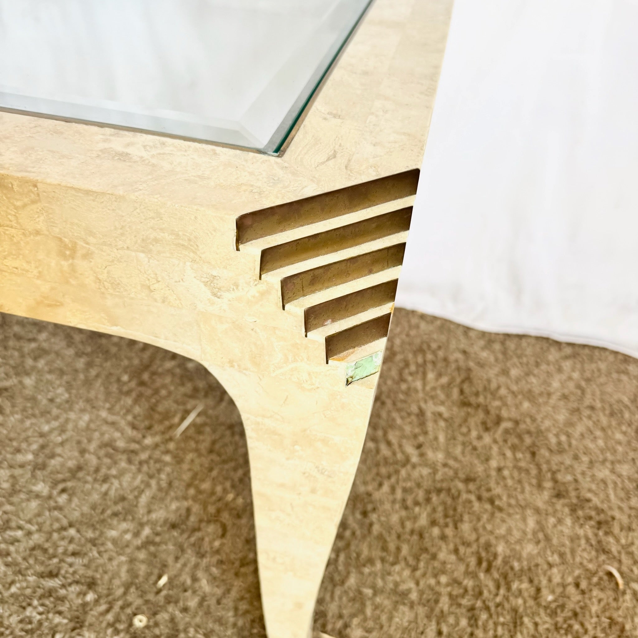 Postmodern Tessellated Stone and Brass Glass Top Side Table