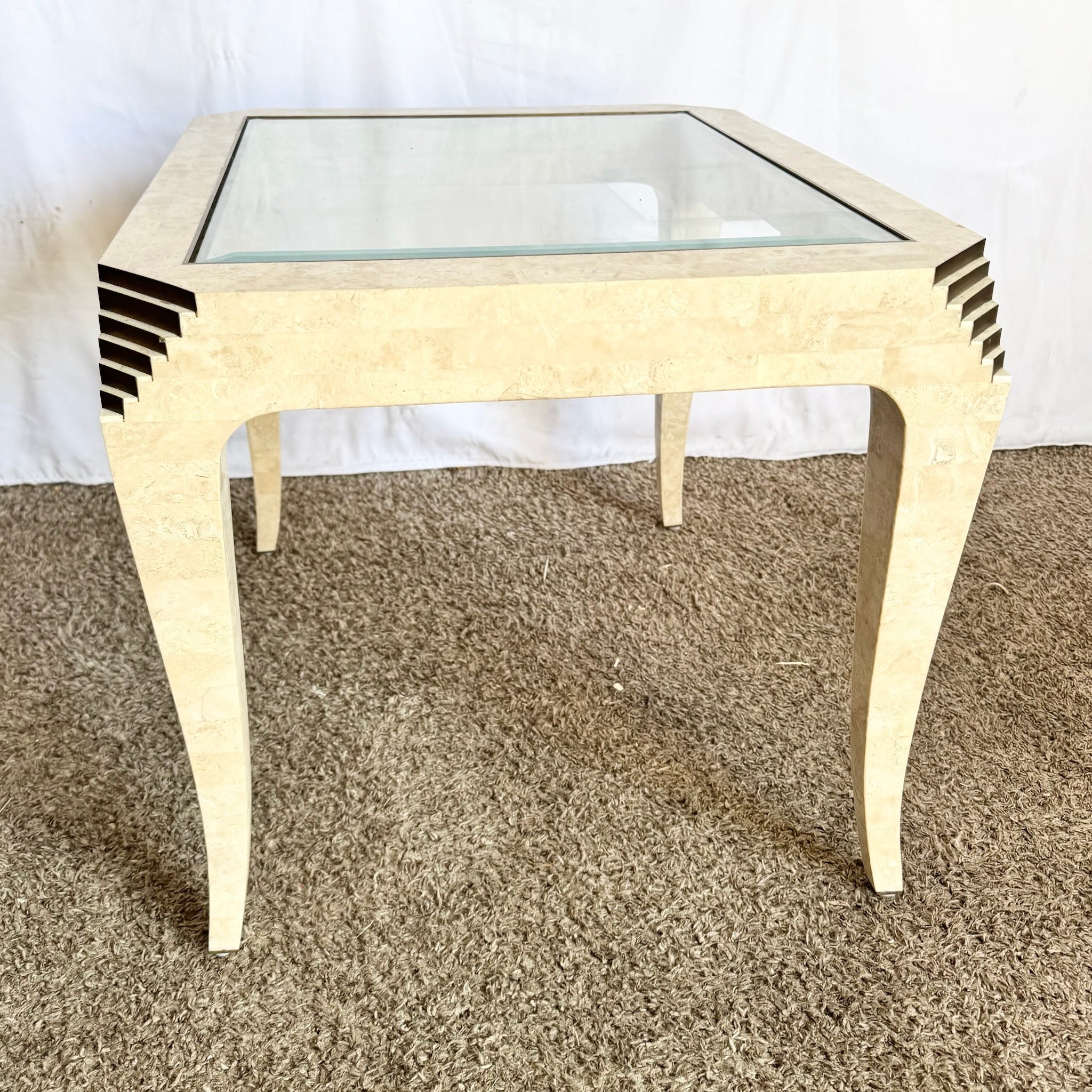 Postmodern Tessellated Stone and Brass Glass Top Side Table