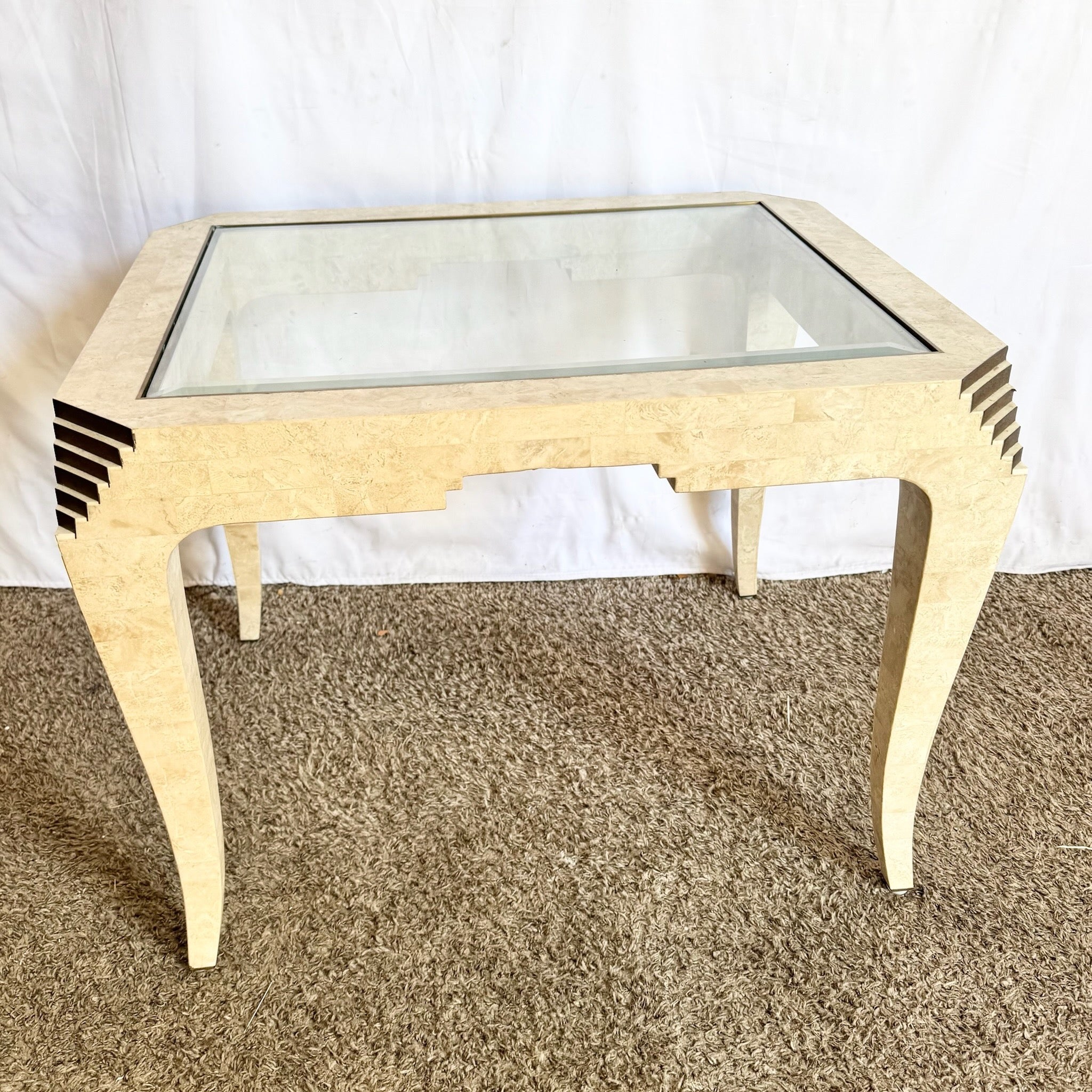 Postmodern Tessellated Stone and Brass Glass Top Side Table