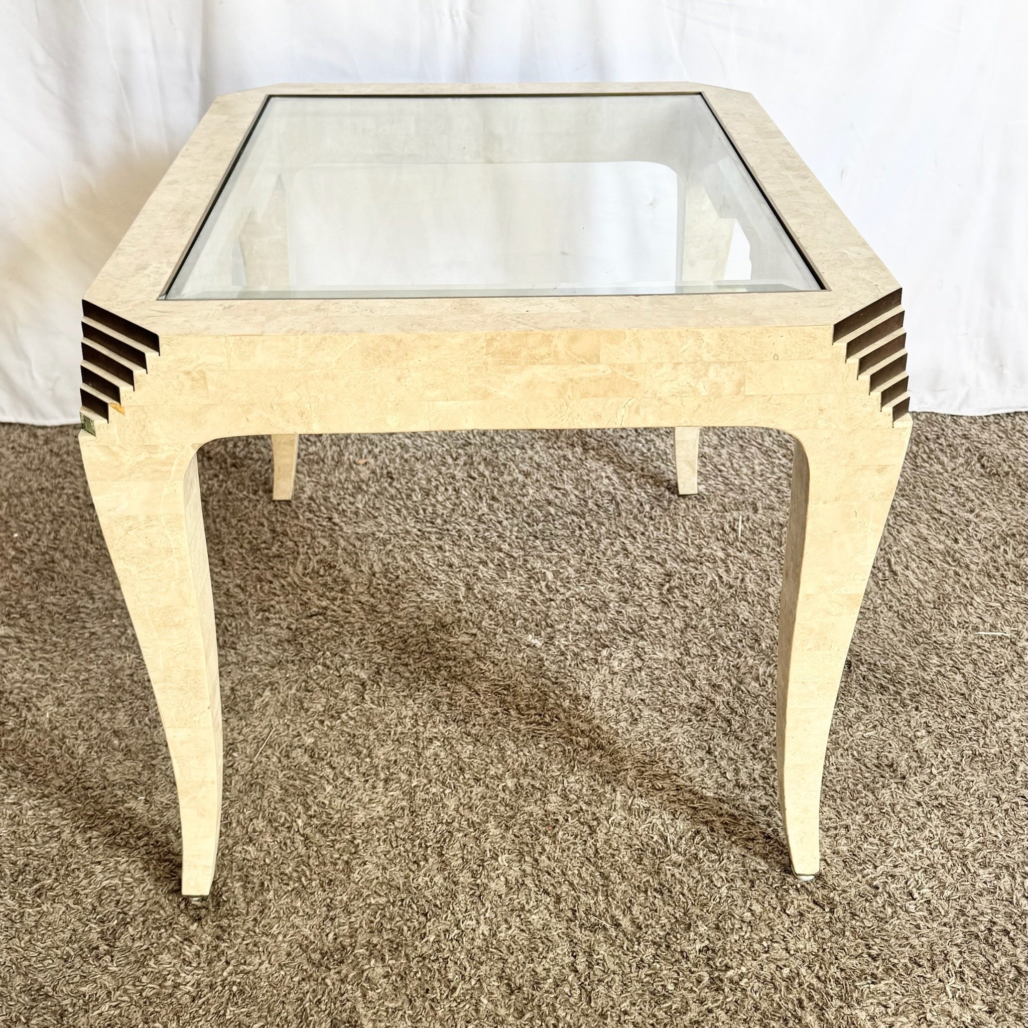 Postmodern Tessellated Stone and Brass Glass Top Side Table