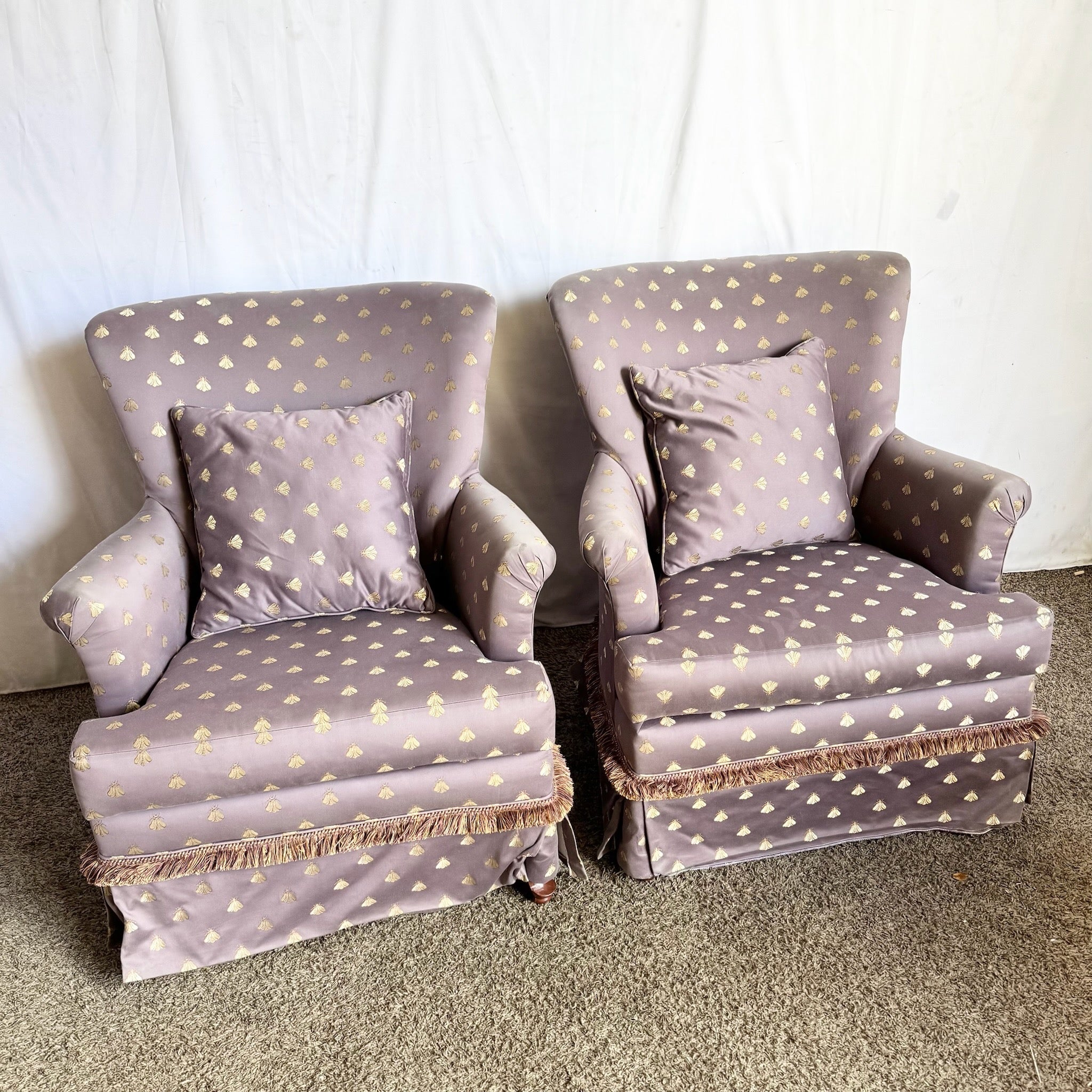 Vintage Regency Purple and Gold Honey Bees Lounge Chairs - A Pair
