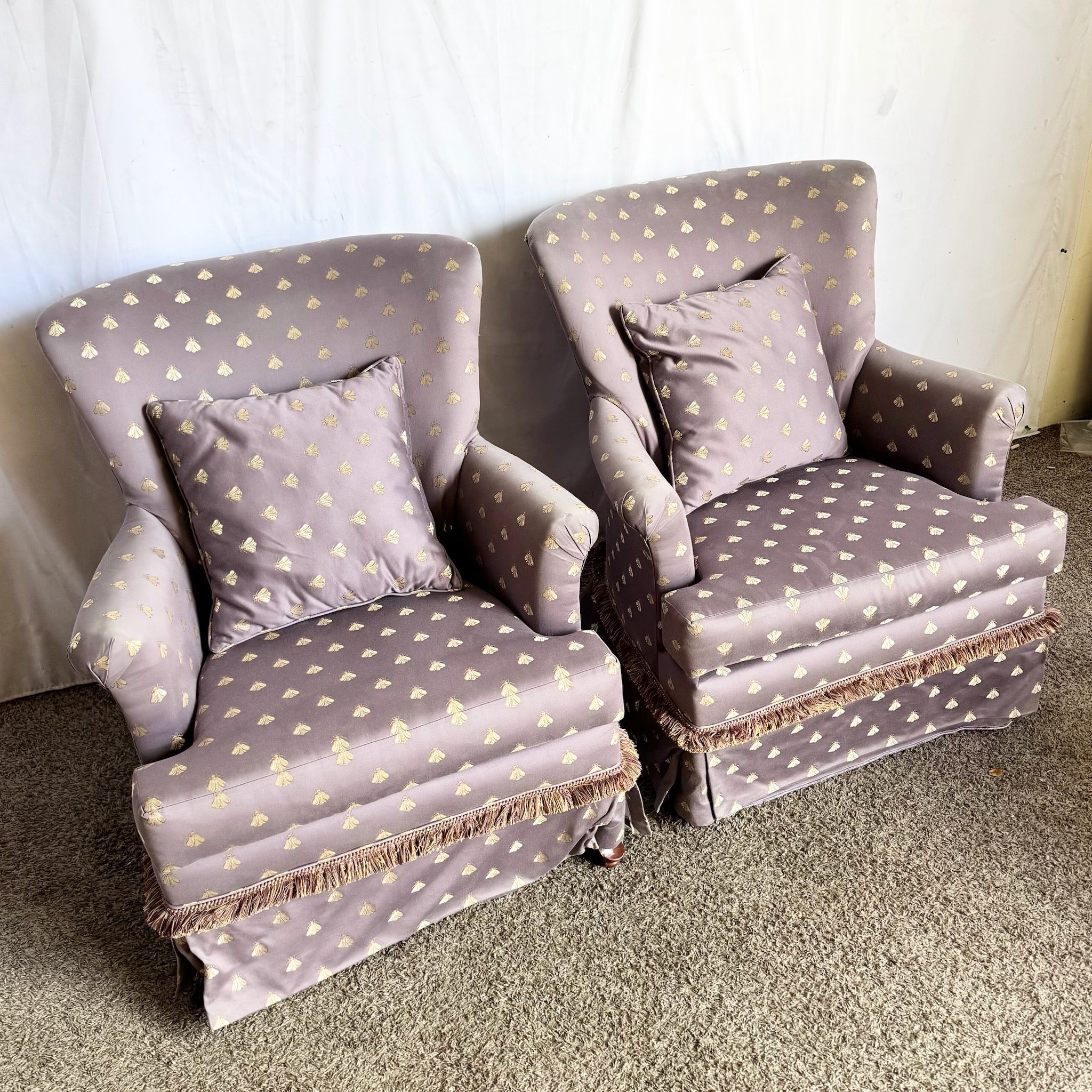 Vintage Regency Purple and Gold Honey Bees Lounge Chairs - A Pair