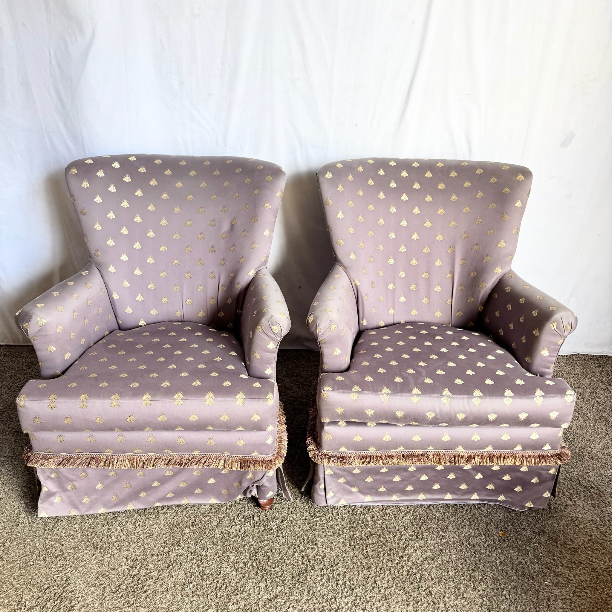 Vintage Regency Purple and Gold Honey Bees Lounge Chairs - A Pair