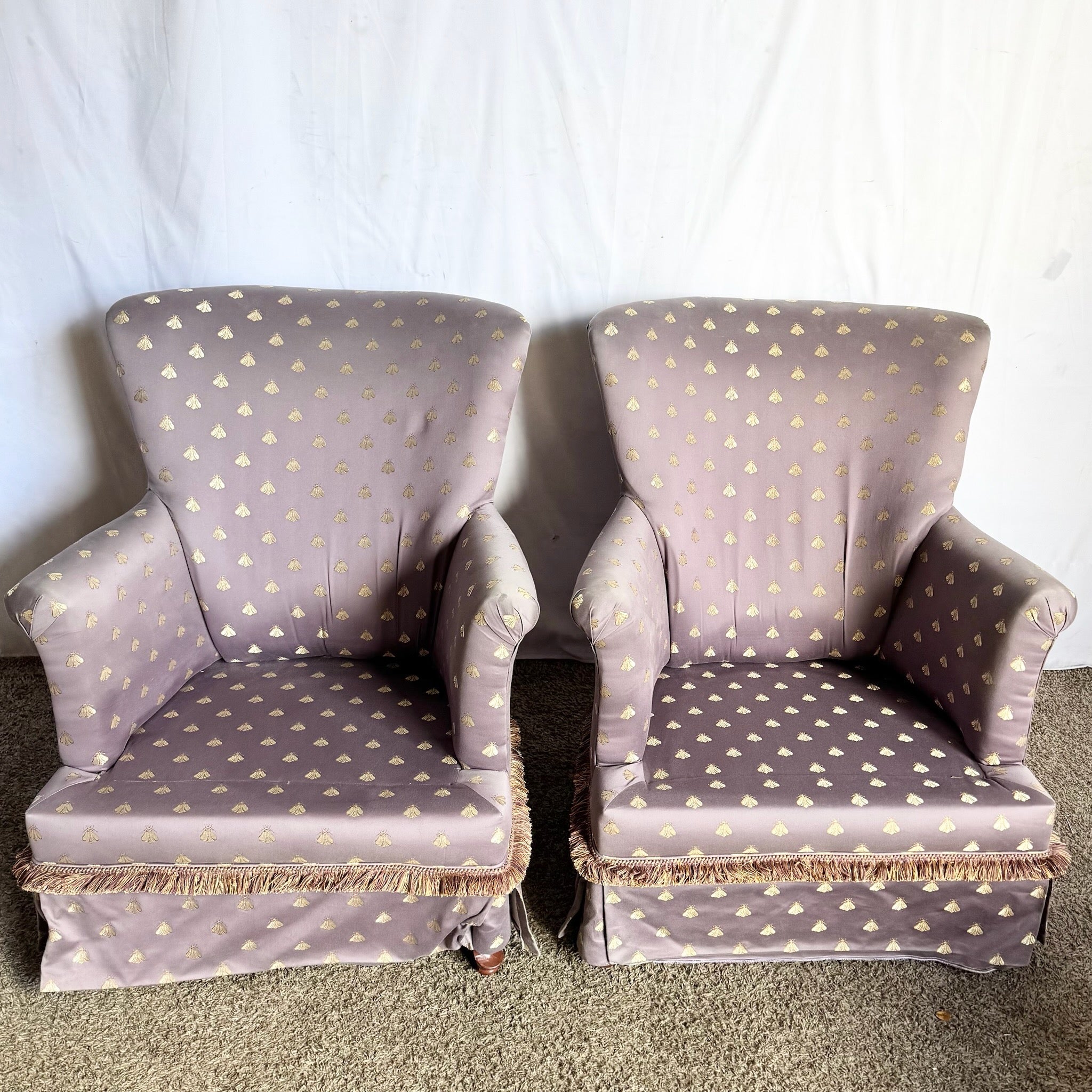 Vintage Regency Purple and Gold Honey Bees Lounge Chairs - A Pair