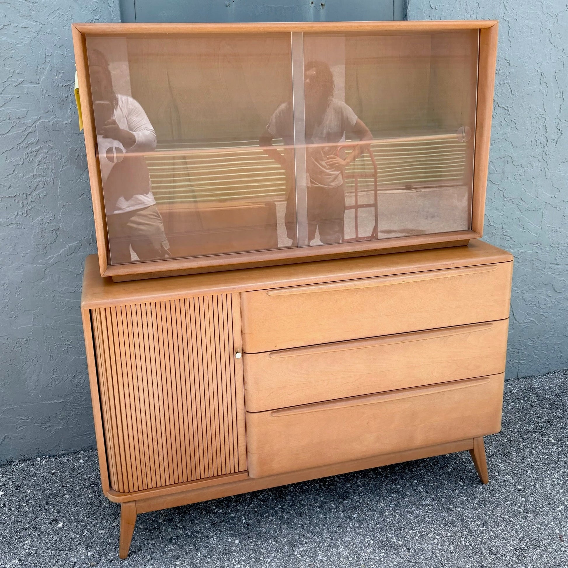 Heywood-Wakefield Mid-Century Maple Tambour Door Credenza and Hutch Dolphin & Flamingo