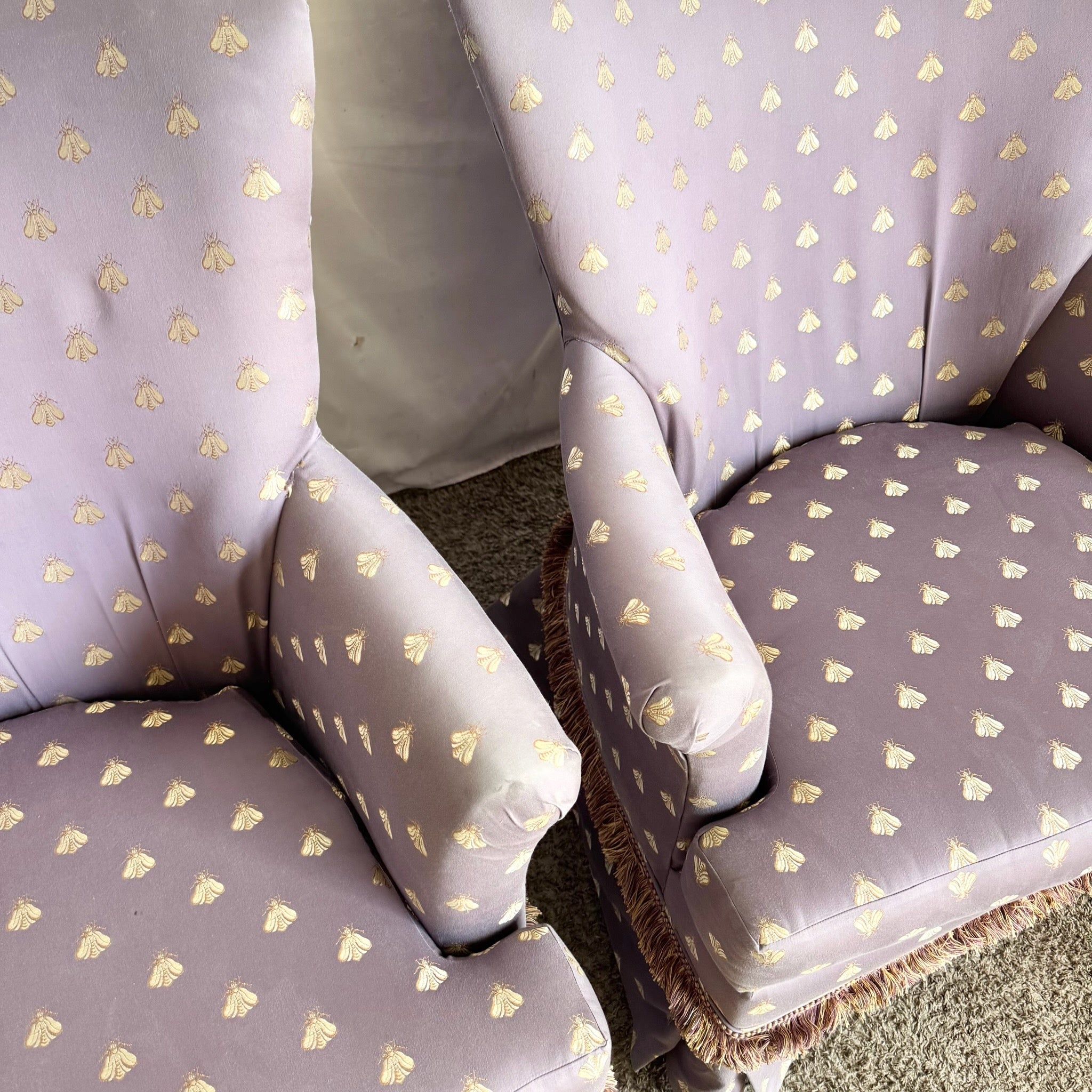 Vintage Regency Purple and Gold Honey Bees Lounge Chairs - A Pair