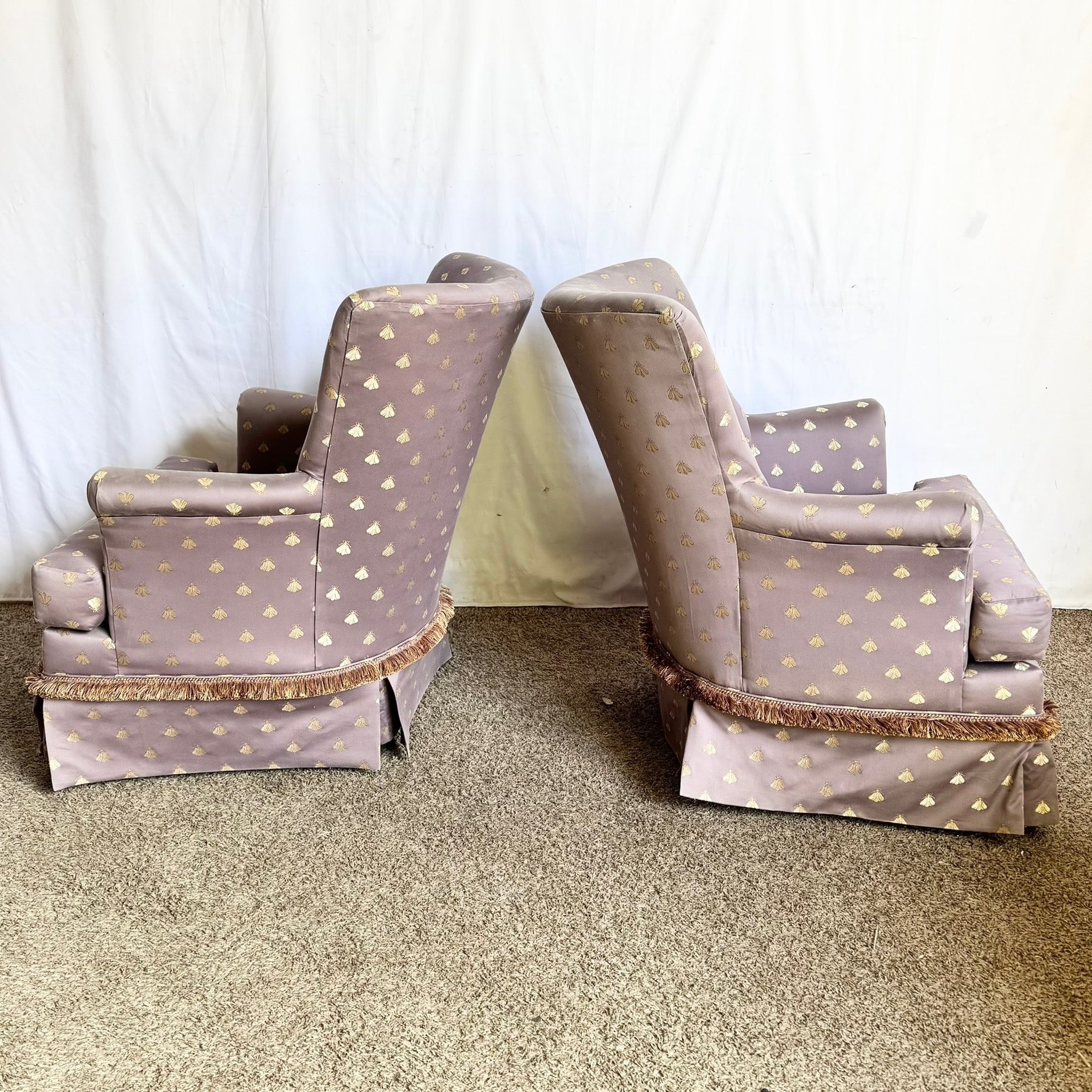 Vintage Regency Purple and Gold Honey Bees Lounge Chairs - A Pair