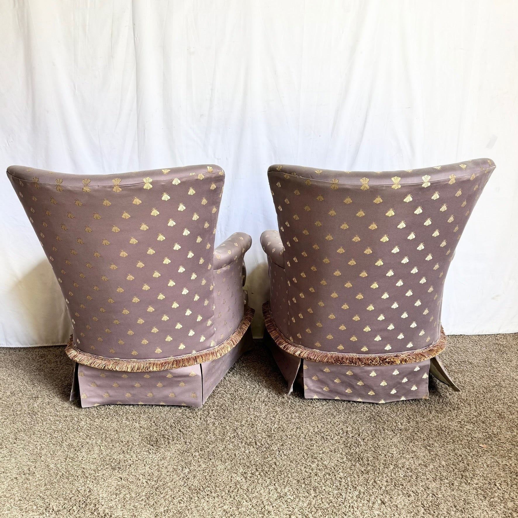 Vintage Regency Purple and Gold Honey Bees Lounge Chairs - A Pair