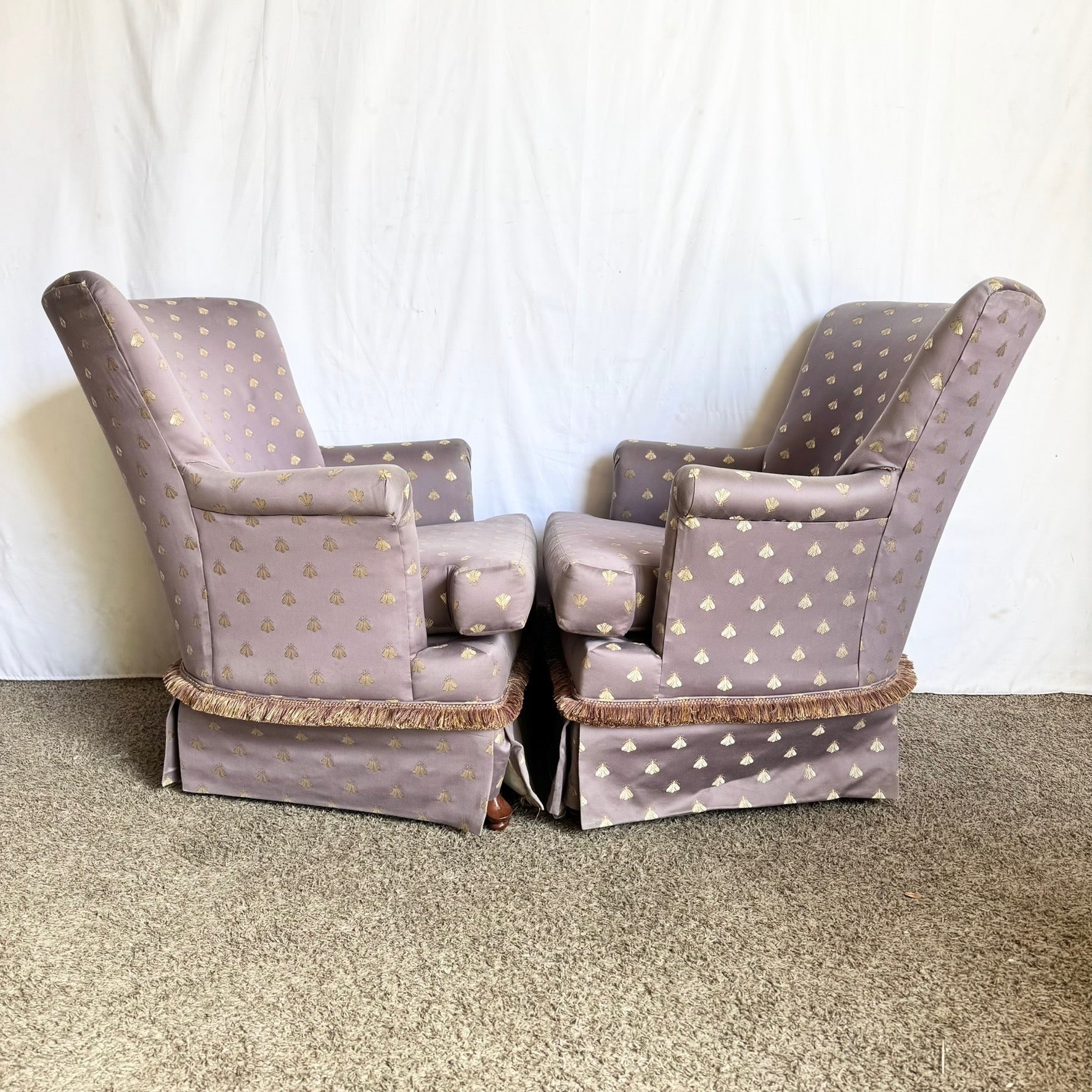 Vintage Regency Purple and Gold Honey Bees Lounge Chairs - A Pair