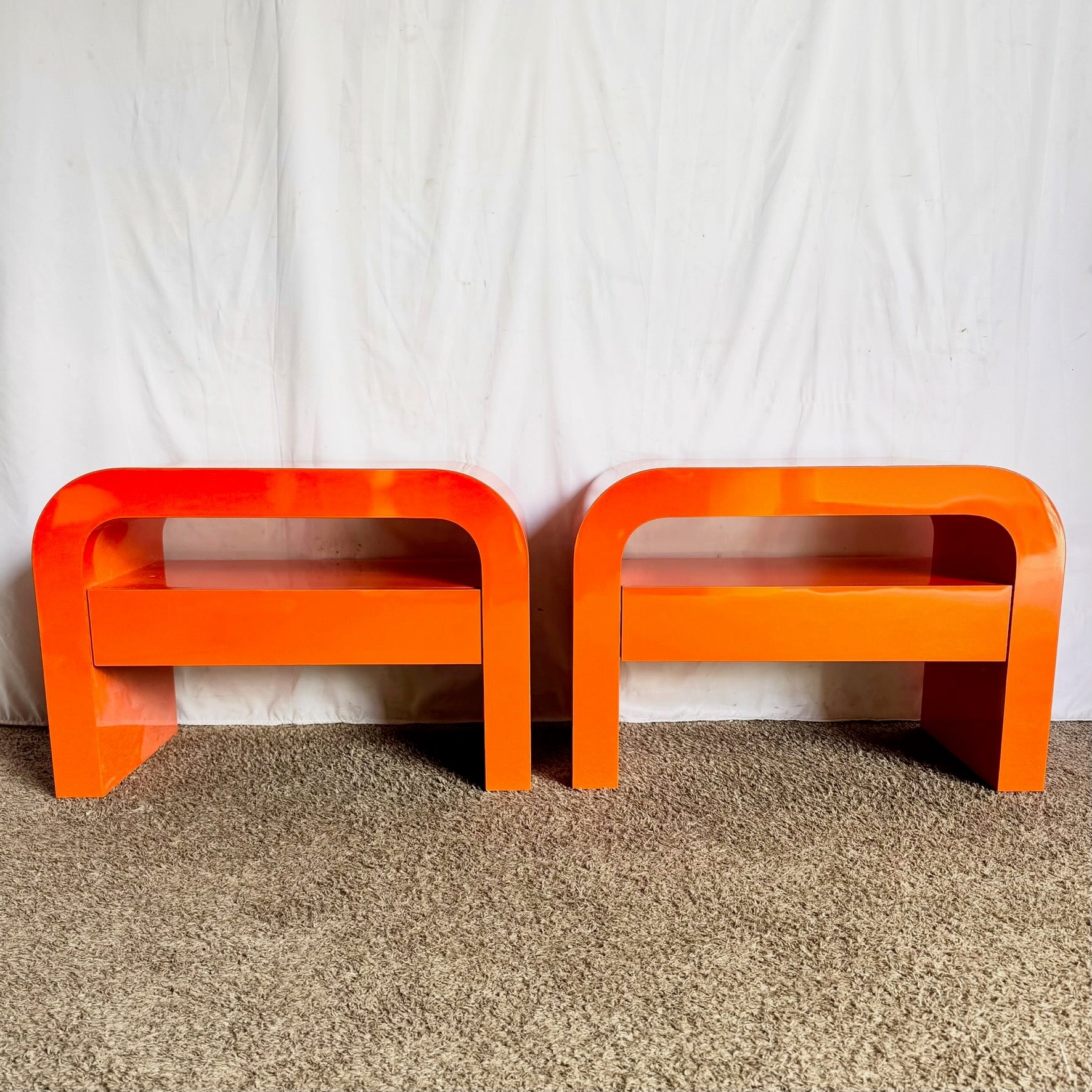 Postmodern Tangerine Orange Lacquer Laminate Waterfall Nightstands/Side Tables