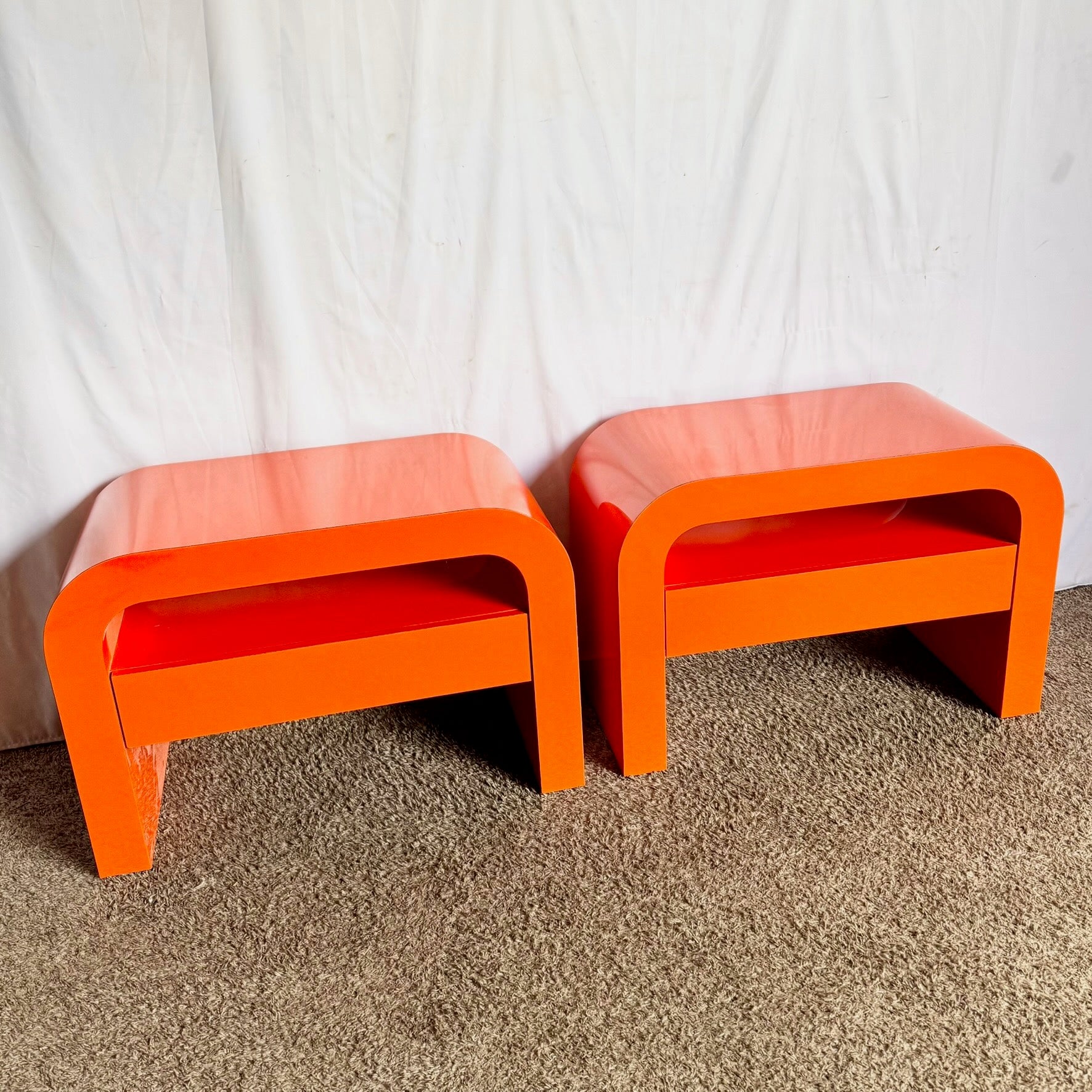 Postmodern Tangerine Orange Lacquer Laminate Waterfall Nightstands/Side Tables
