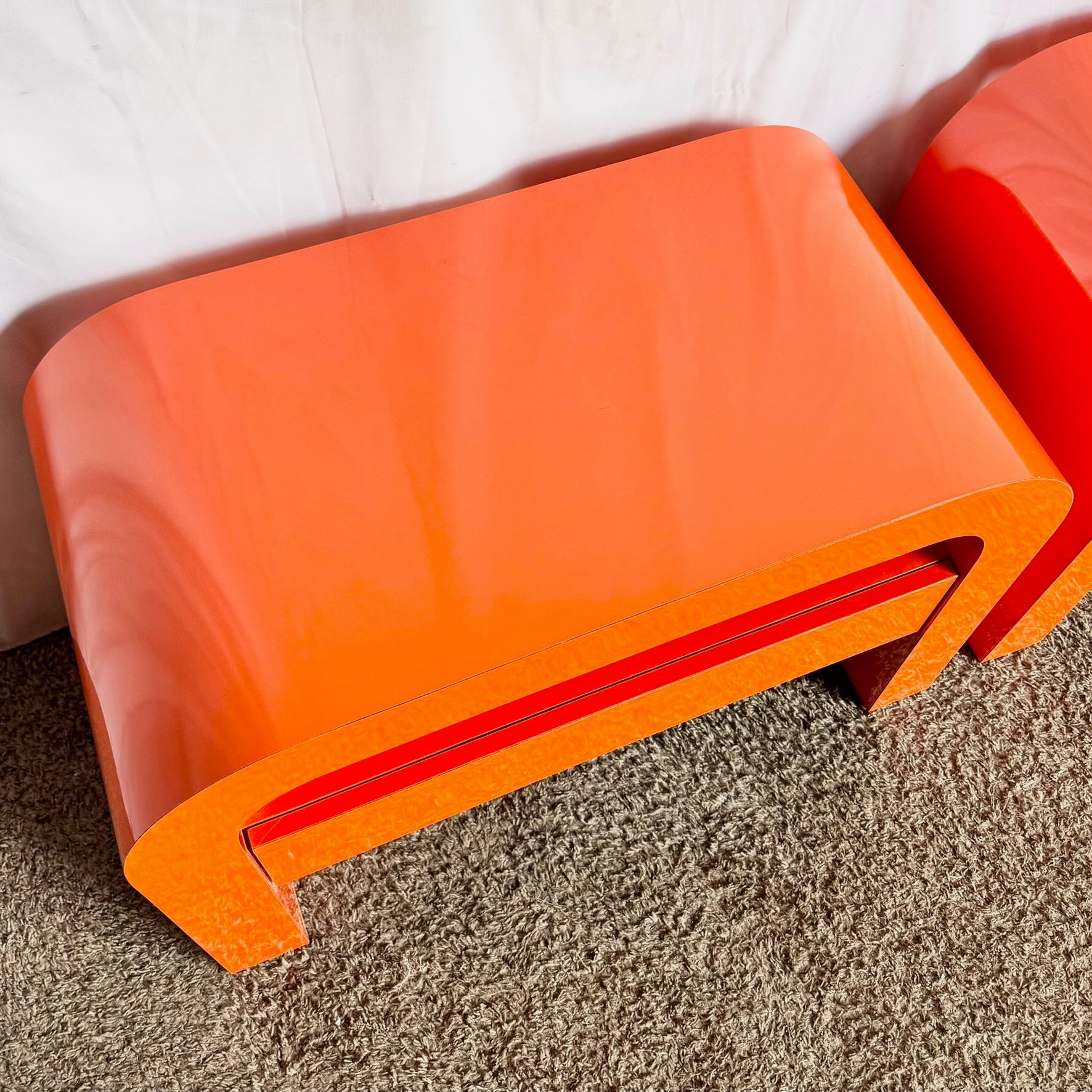 Postmodern Tangerine Orange Lacquer Laminate Waterfall Nightstands/Side Tables
