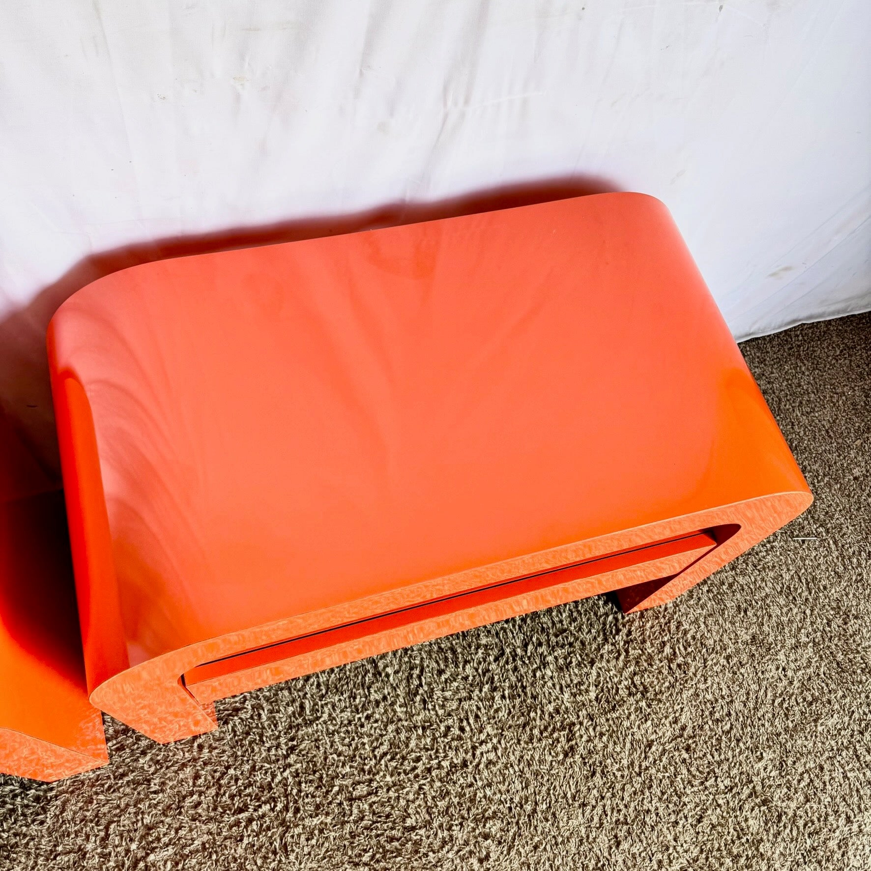 Postmodern Tangerine Orange Lacquer Laminate Waterfall Nightstands/Side Tables