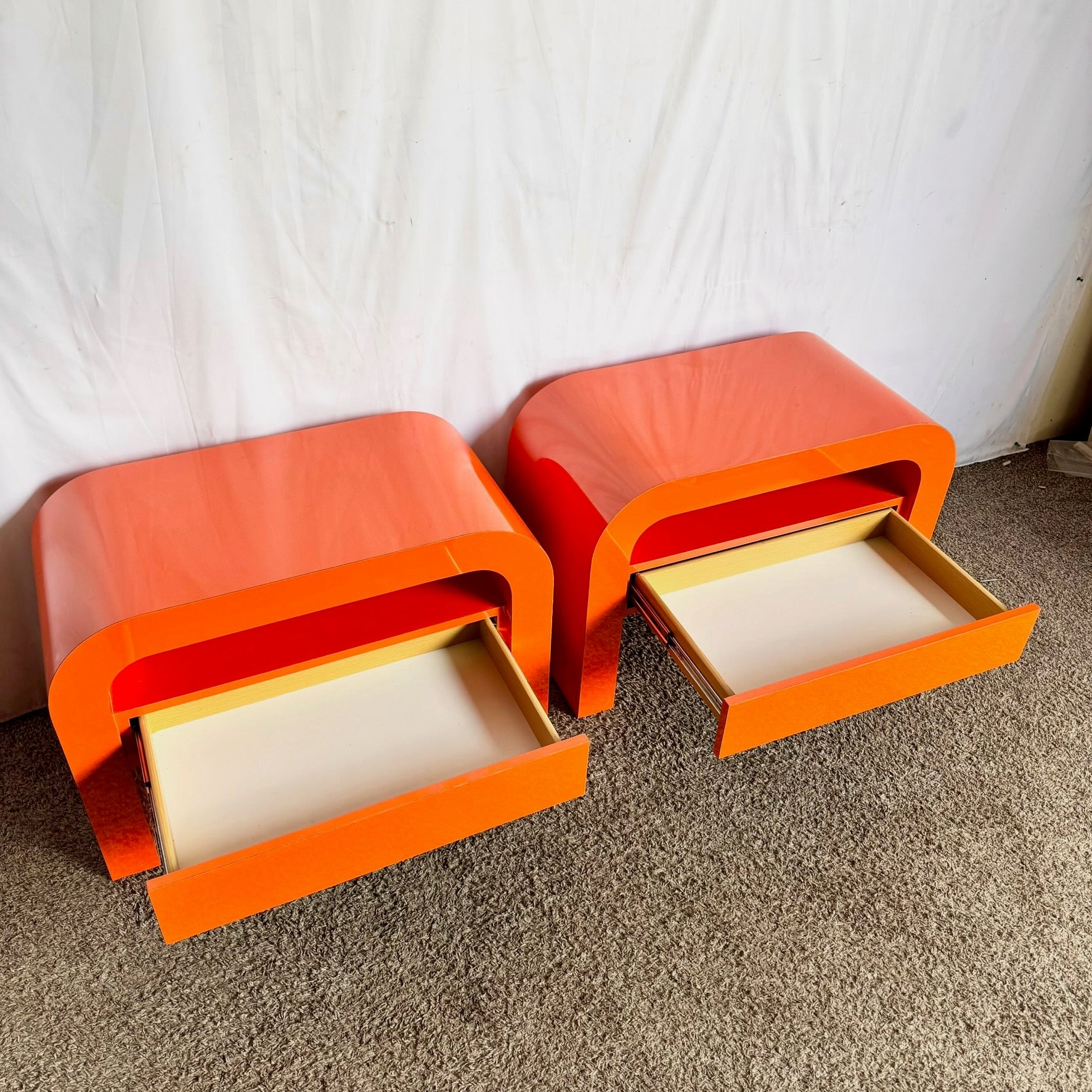 Postmodern Tangerine Orange Lacquer Laminate Waterfall Nightstands/Side Tables