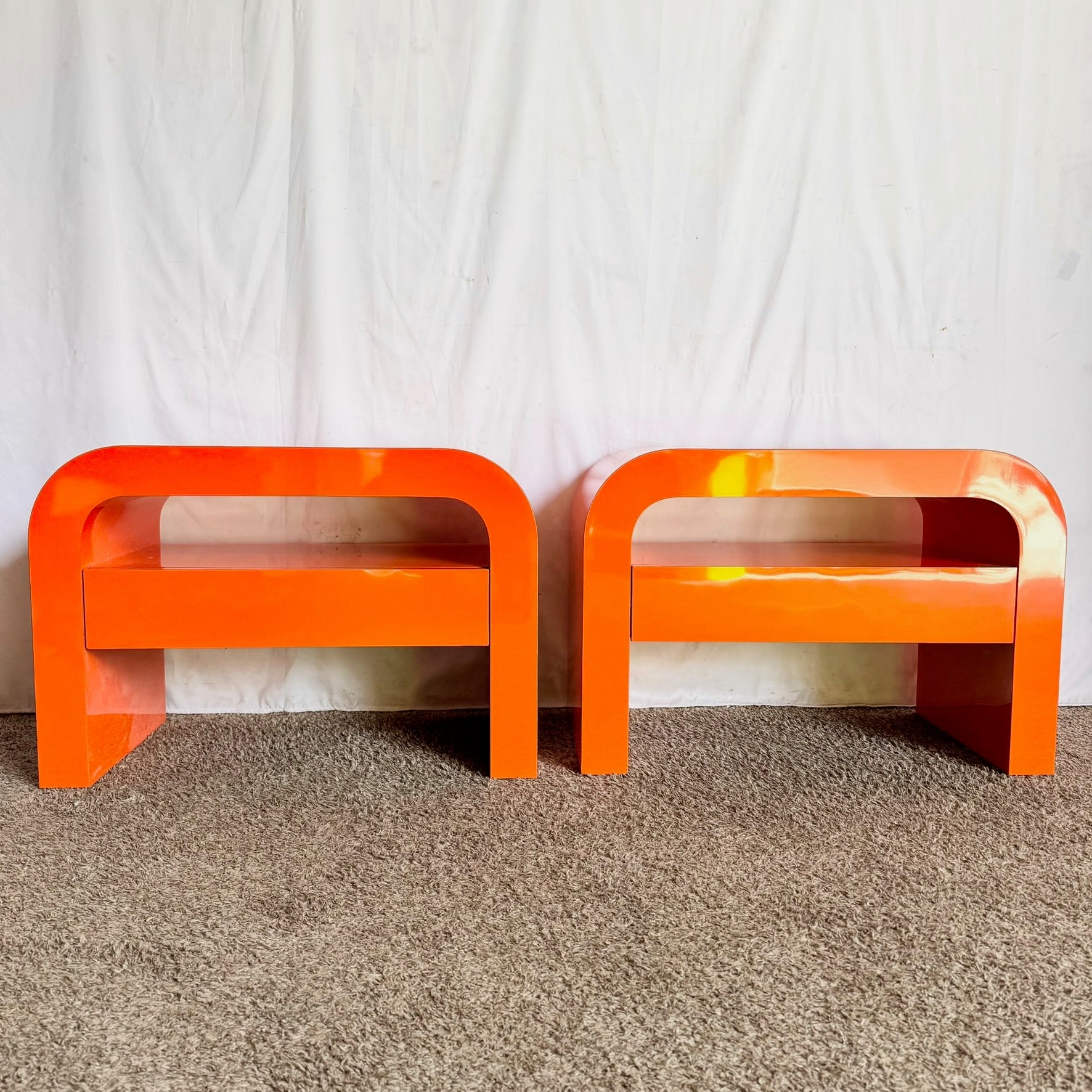 Postmodern Tangerine Orange Lacquer Laminate Waterfall Nightstands/Side Tables