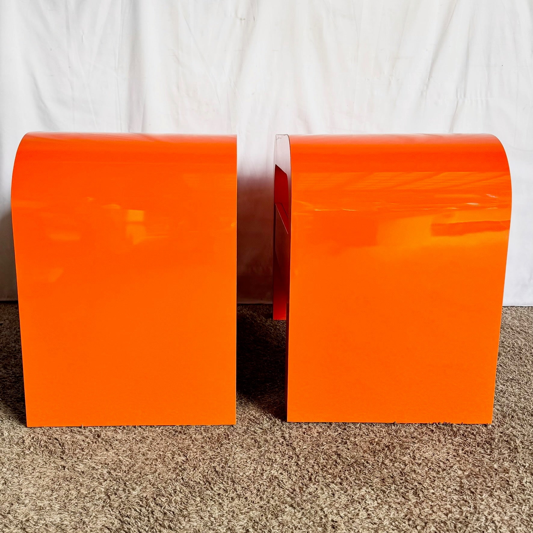 Postmodern Tangerine Orange Lacquer Laminate Waterfall Nightstands/Side Tables