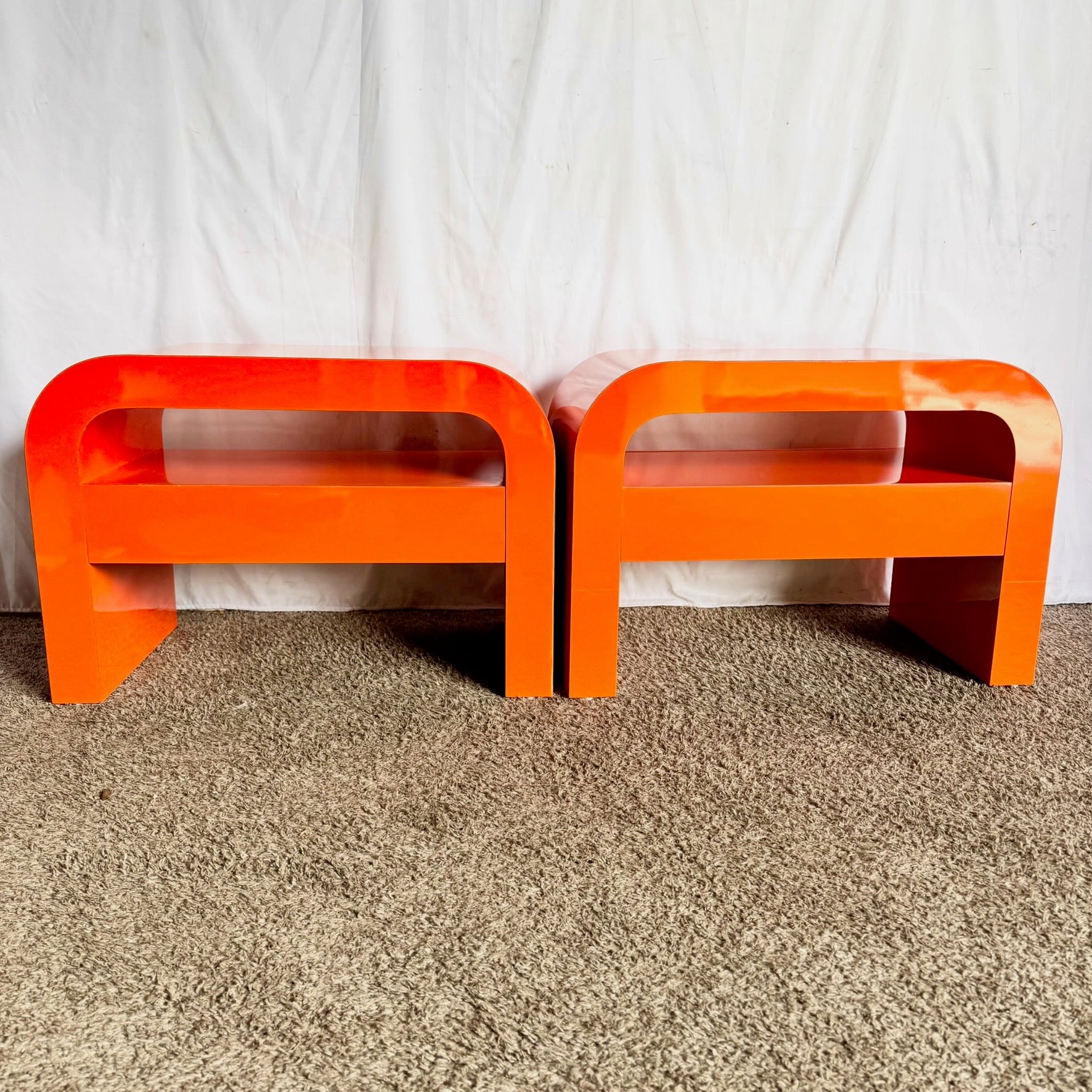 Postmodern Tangerine Orange Lacquer Laminate Waterfall Nightstands/Side Tables