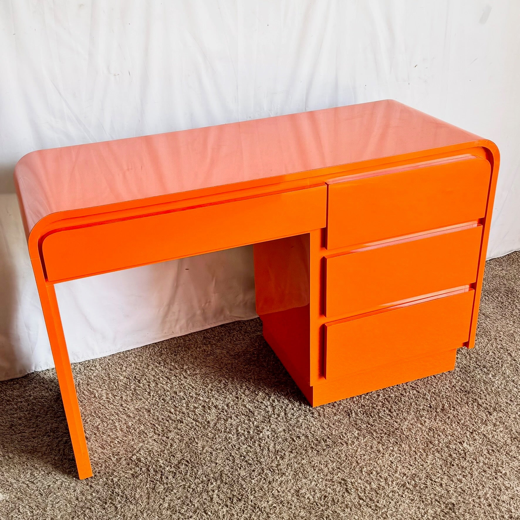 Postmodern Tangerine Orange Lacquer Laminate Waterfall Desk