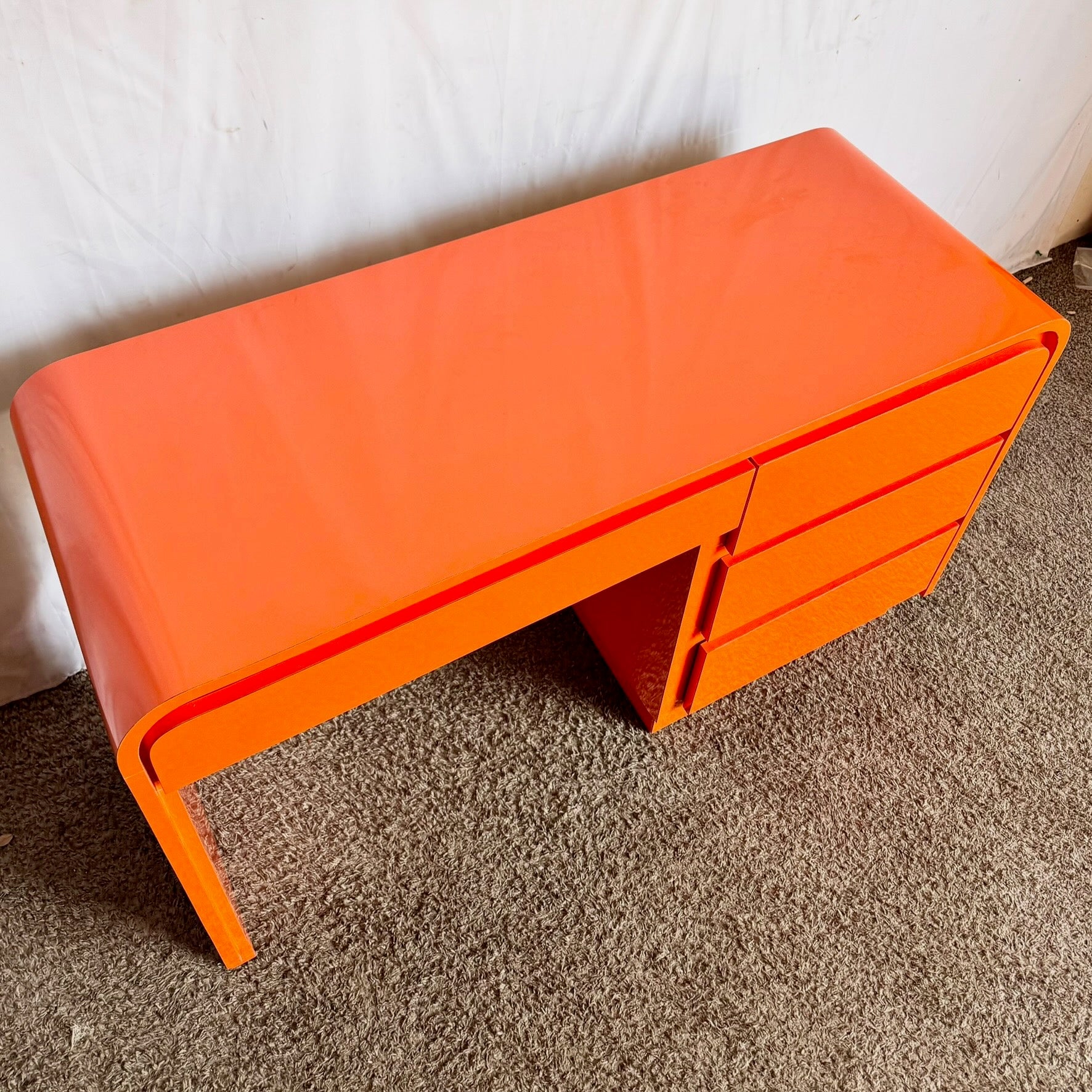 Postmodern Tangerine Orange Lacquer Laminate Waterfall Desk