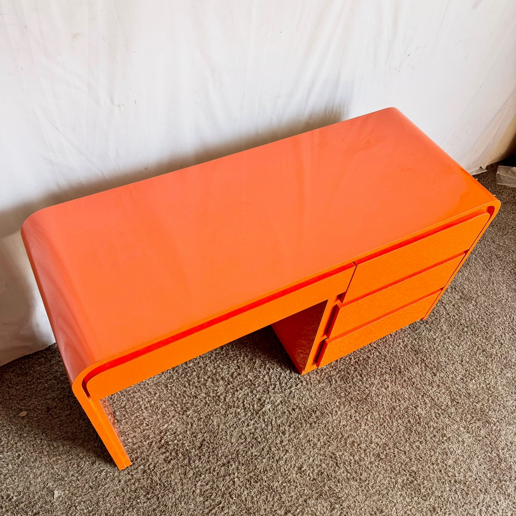 Postmodern Tangerine Orange Lacquer Laminate Waterfall Desk