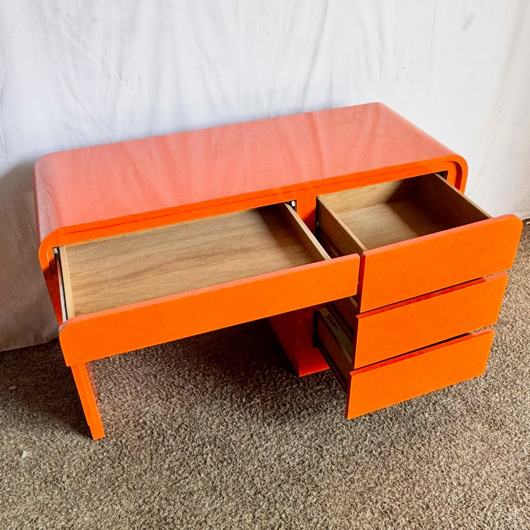 Postmodern Tangerine Orange Waterfall Desk – Dolphin & Flamingo