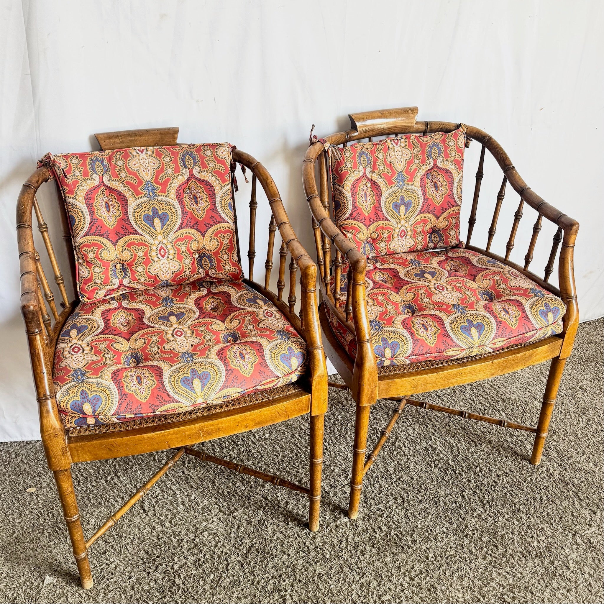 Vintage Faux Bamboo Cane Barrel Chairs With Tufted Cushions - A Pair