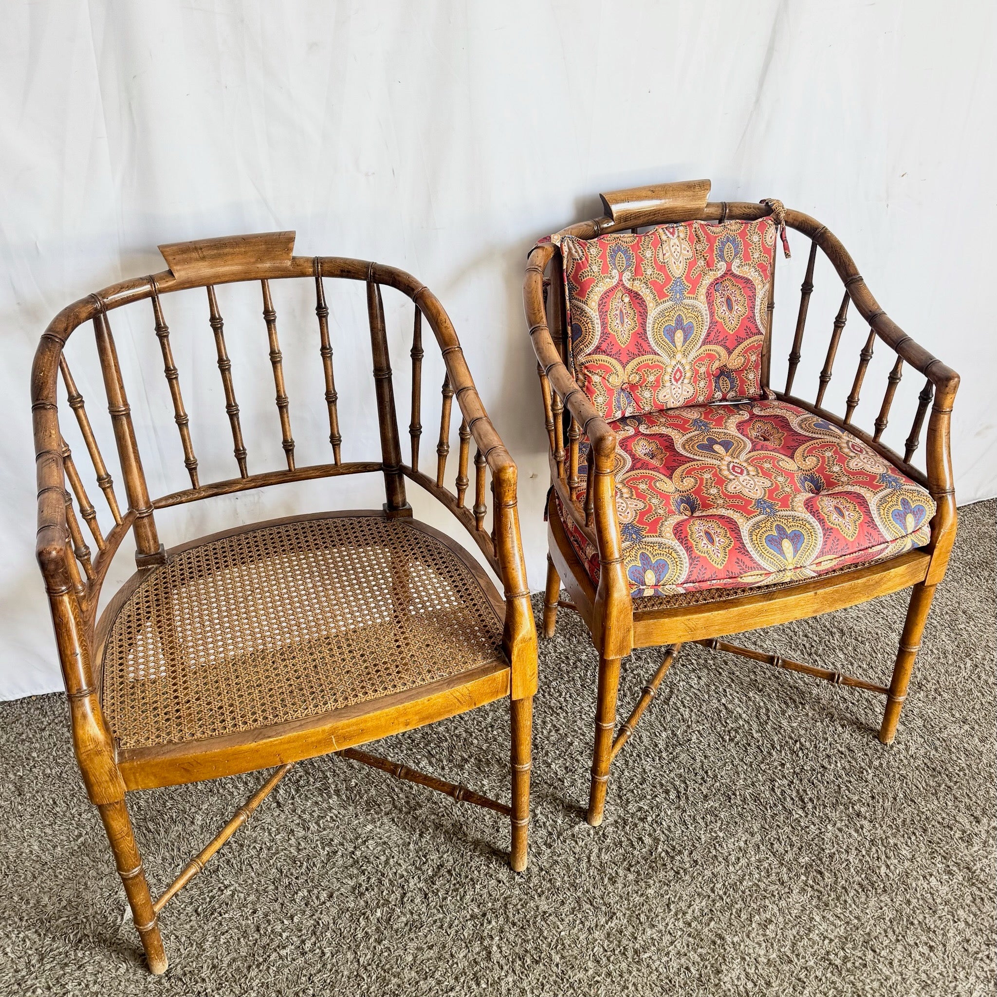 Vintage Faux Bamboo Cane Barrel Chairs With Tufted Cushions - A Pair