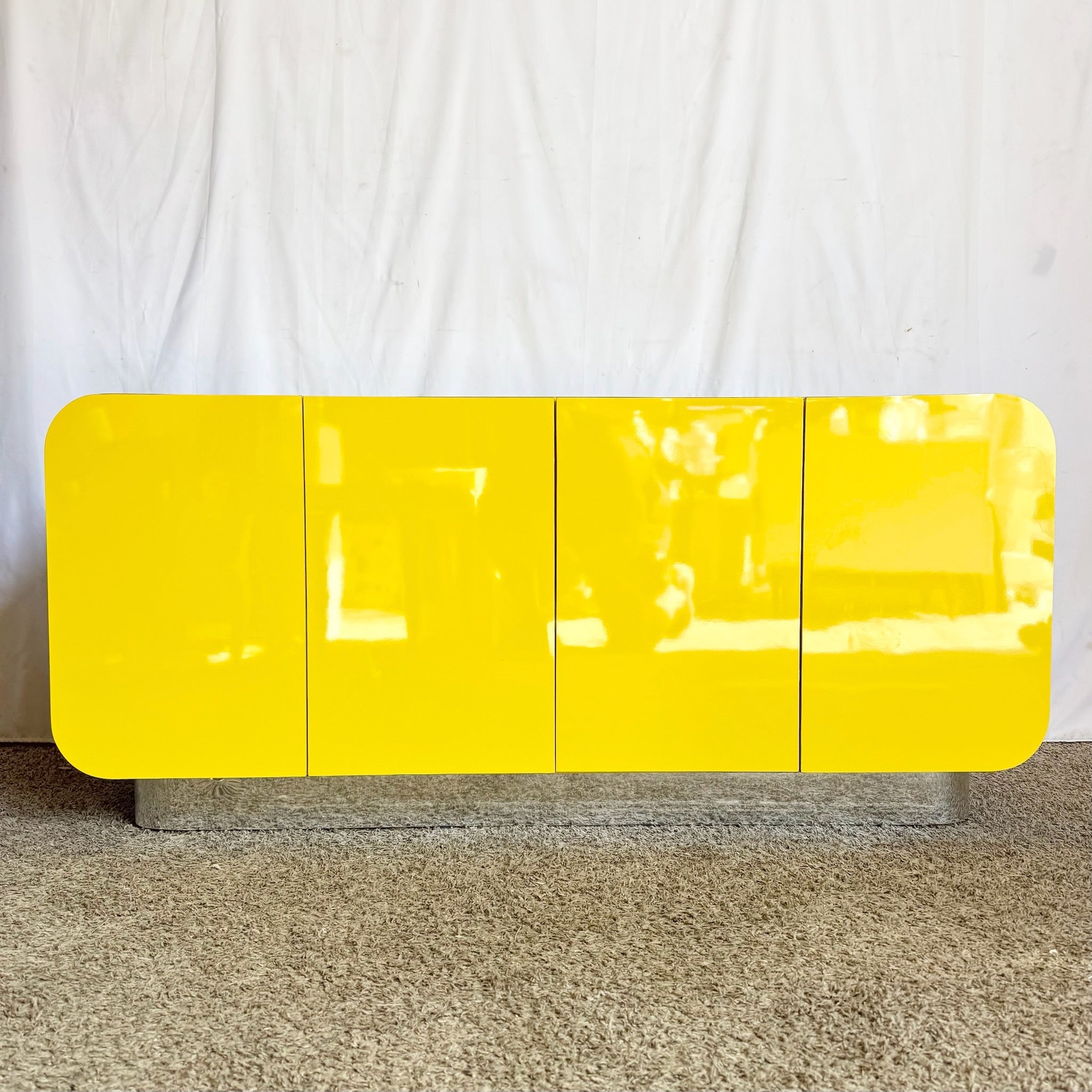 Postmodern Yellow Lacquer Laminate Low Credenza/Cabinet With Chrome Base