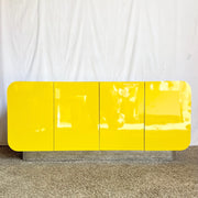 Postmodern Yellow Lacquer Laminate Low Credenza/Cabinet With Chrome Base