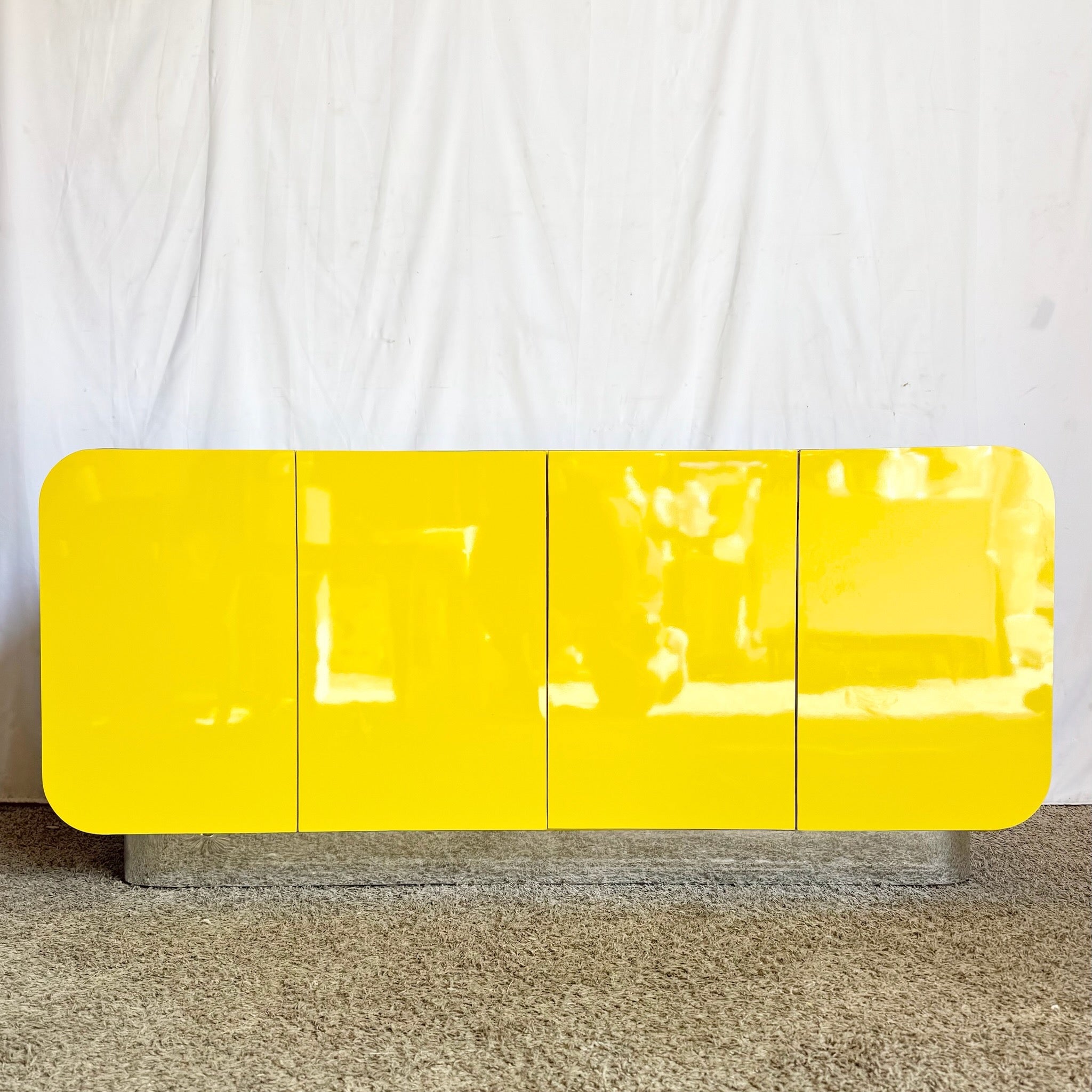 Postmodern Yellow Lacquer Laminate Low Credenza/Cabinet With Chrome Base