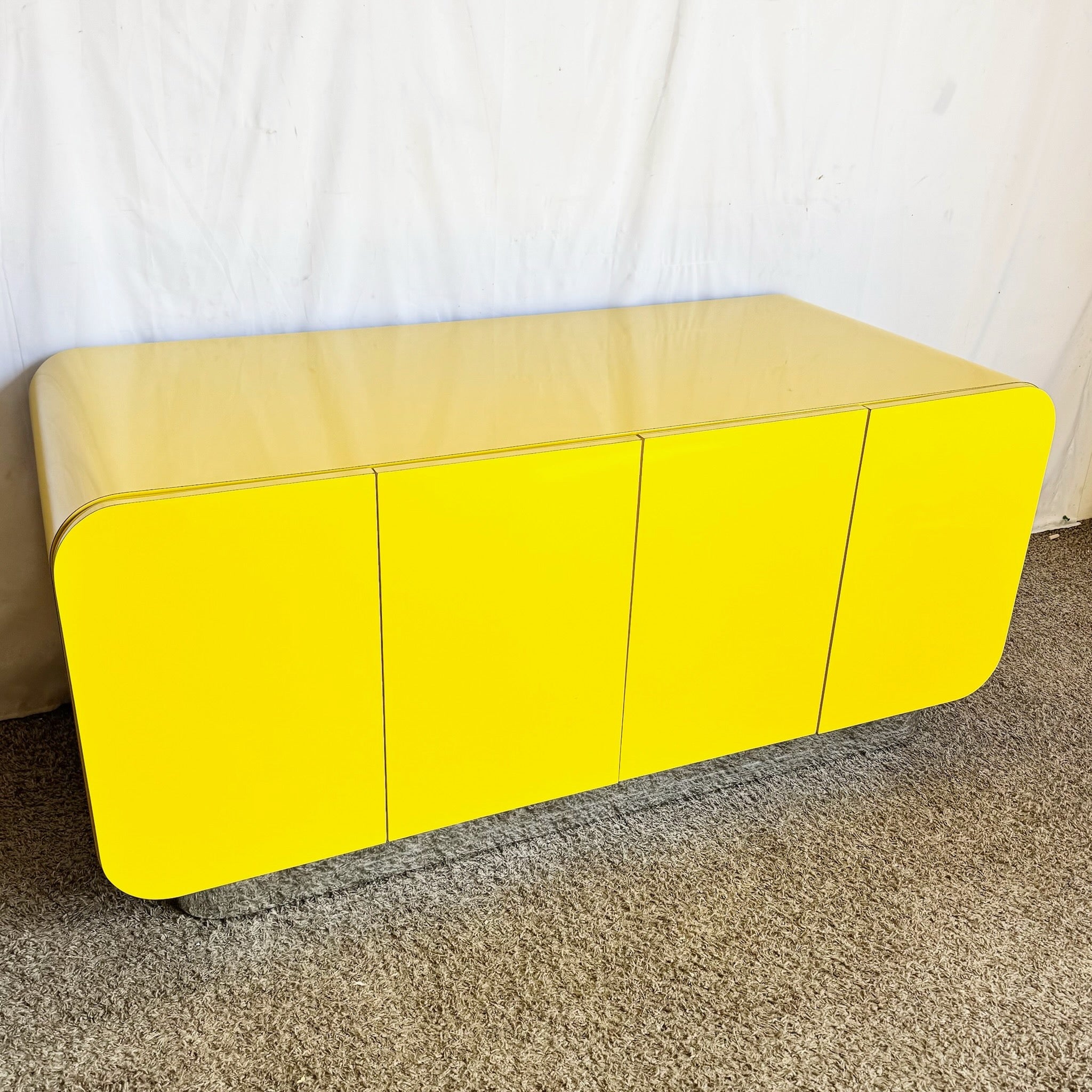 Postmodern Yellow Lacquer Laminate Low Credenza/Cabinet With Chrome Base