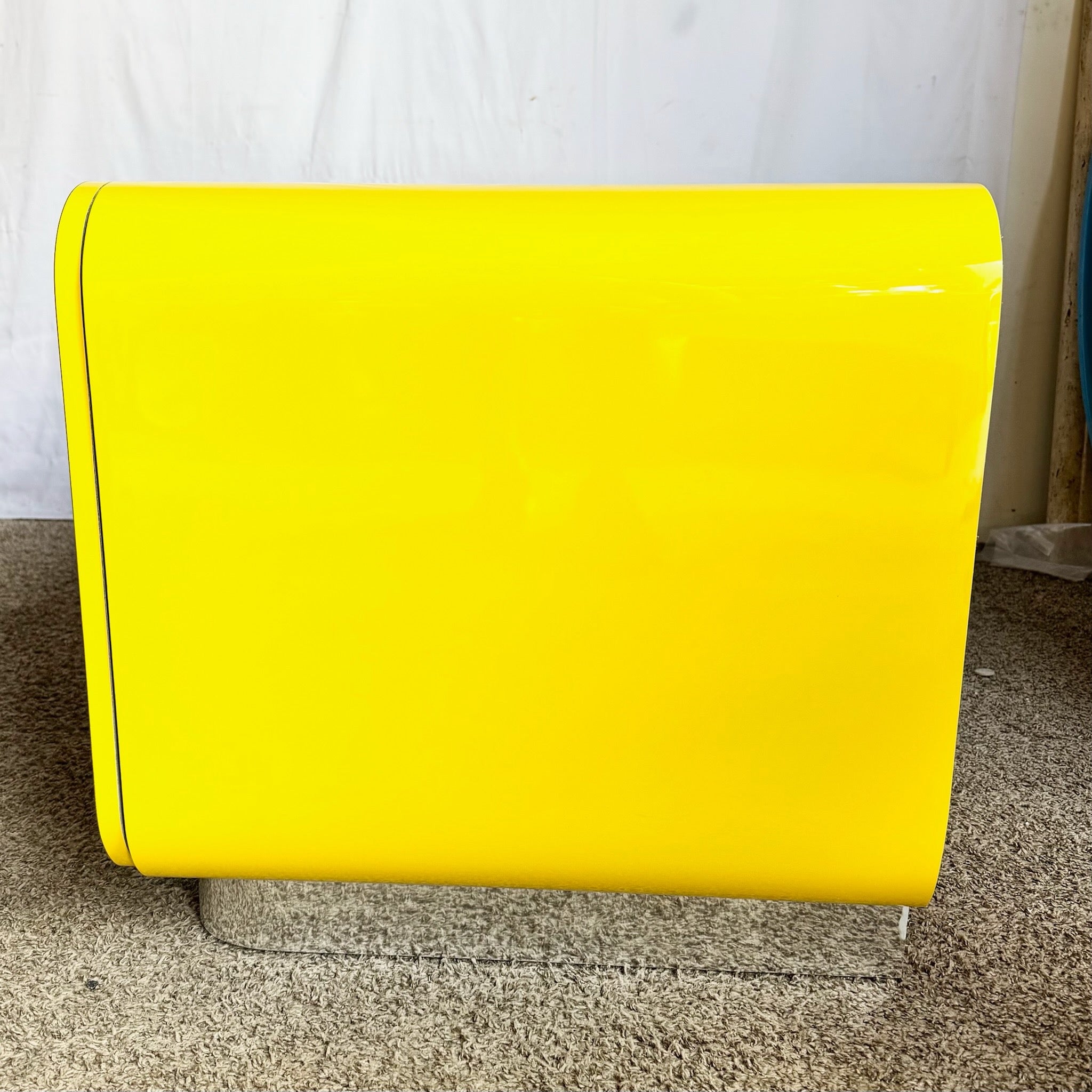 Postmodern Yellow Lacquer Laminate Low Credenza/Cabinet With Chrome Base