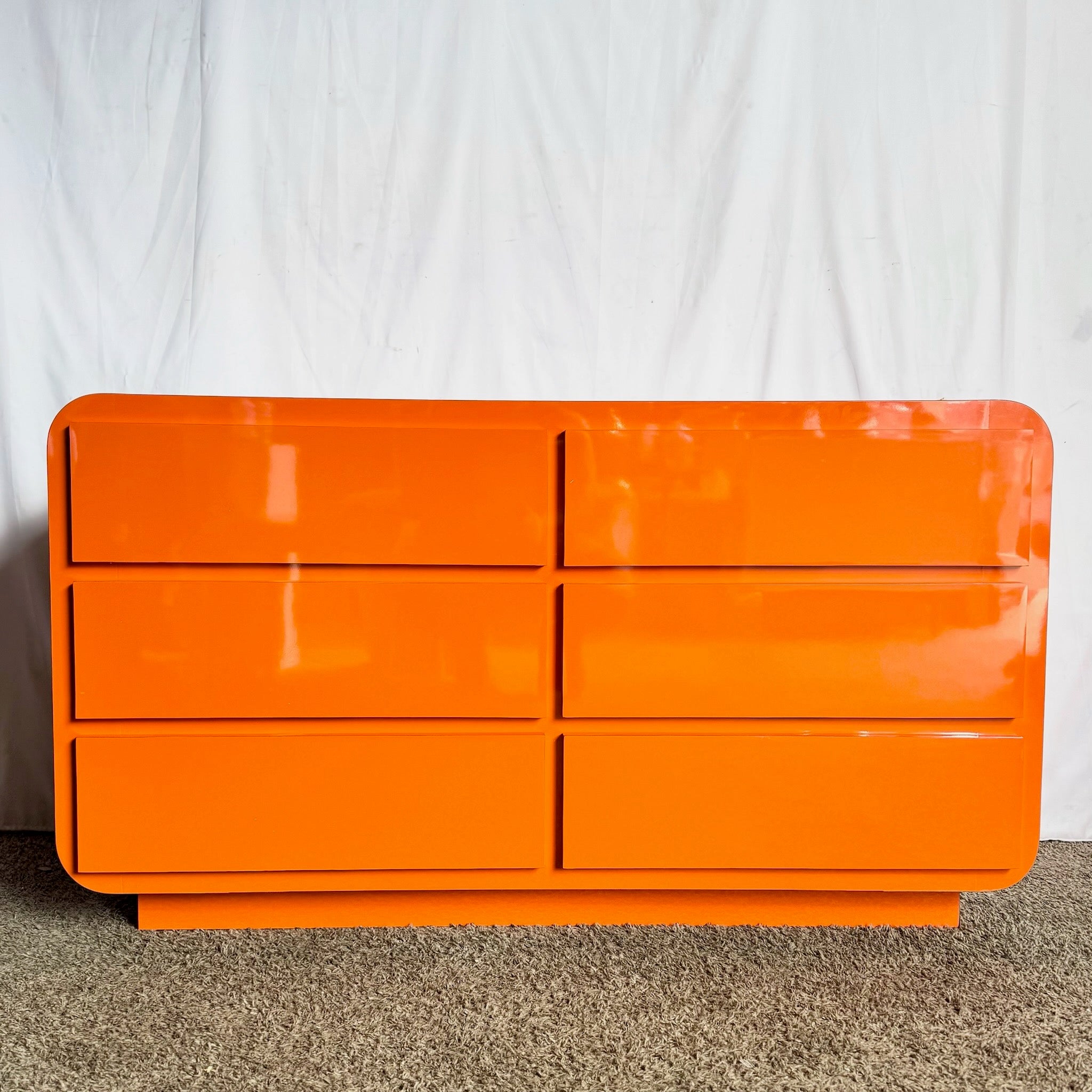 Postmodern Tangerine Orange Lacquer Laminate Waterfall Dresser