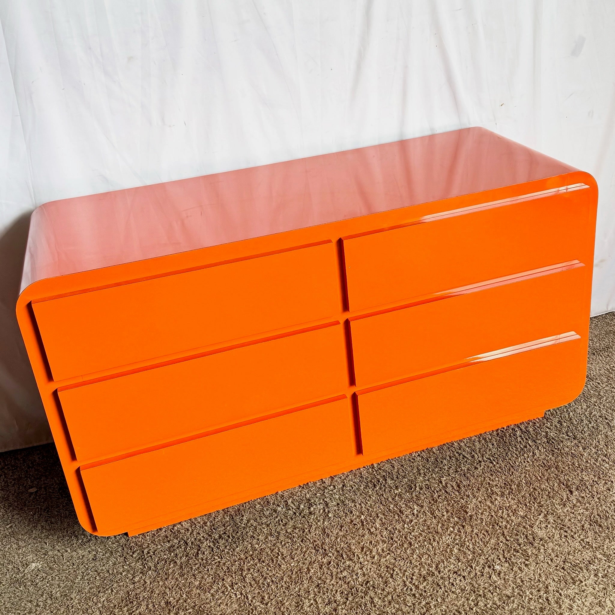 Postmodern Tangerine Orange Lacquer Laminate Waterfall Dresser