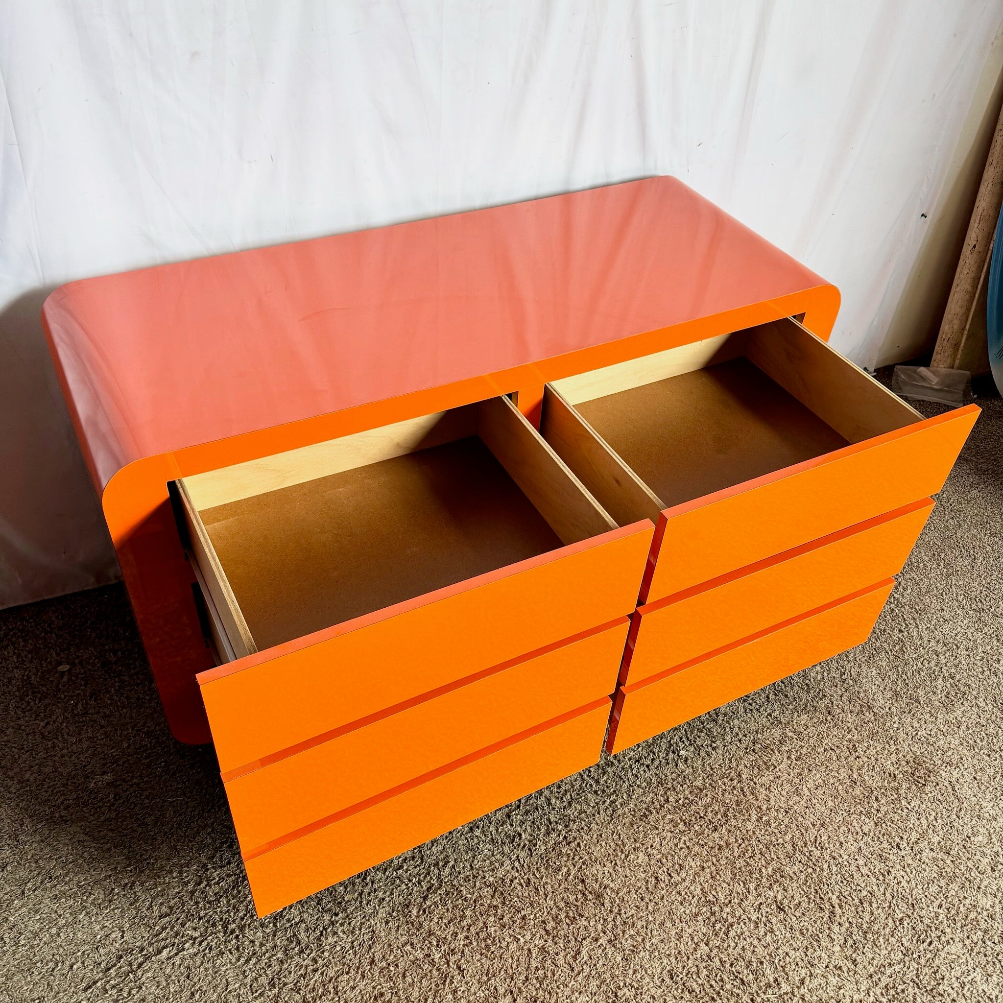 Postmodern Tangerine Orange Lacquer Laminate Waterfall Dresser