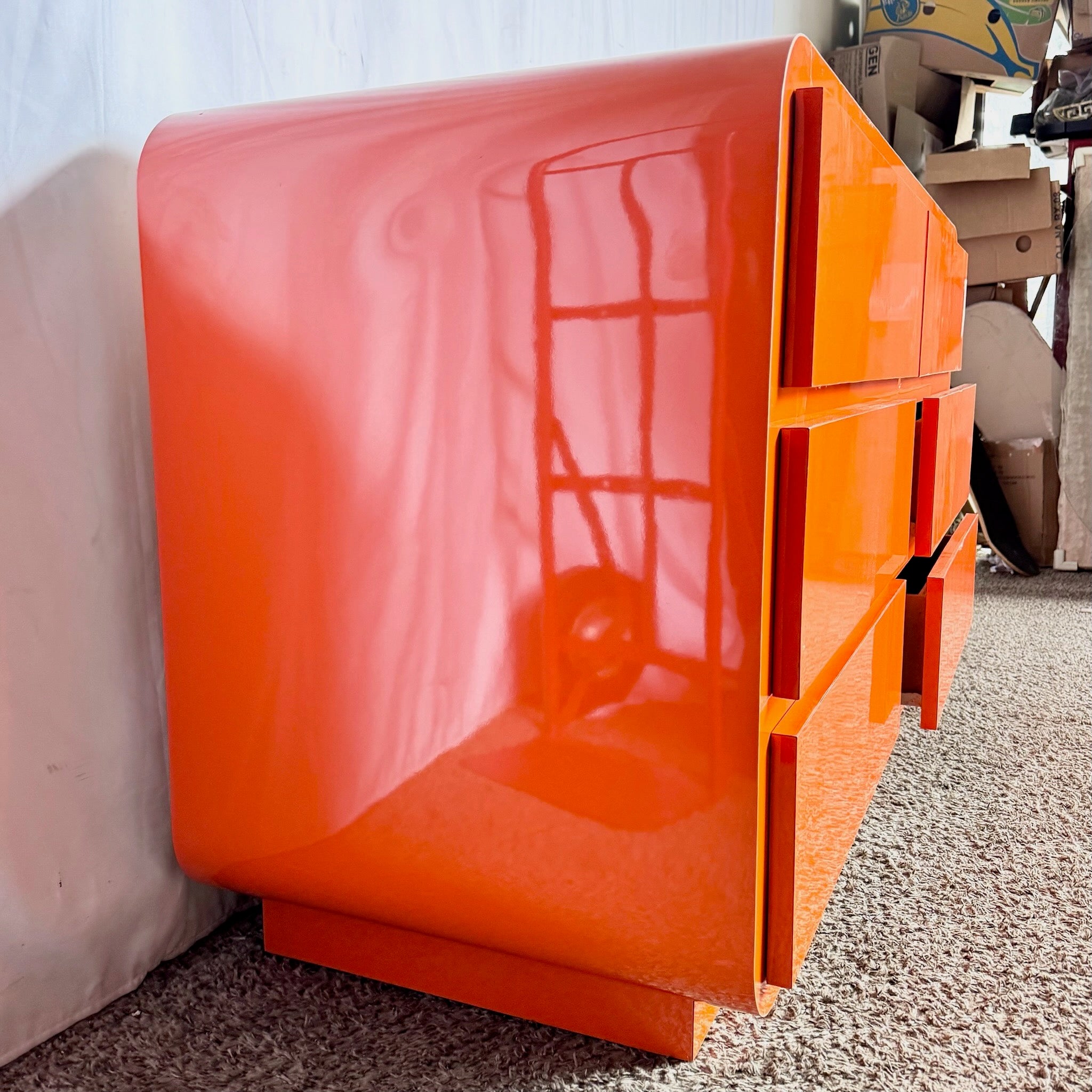 Postmodern Tangerine Orange Lacquer Laminate Waterfall Dresser