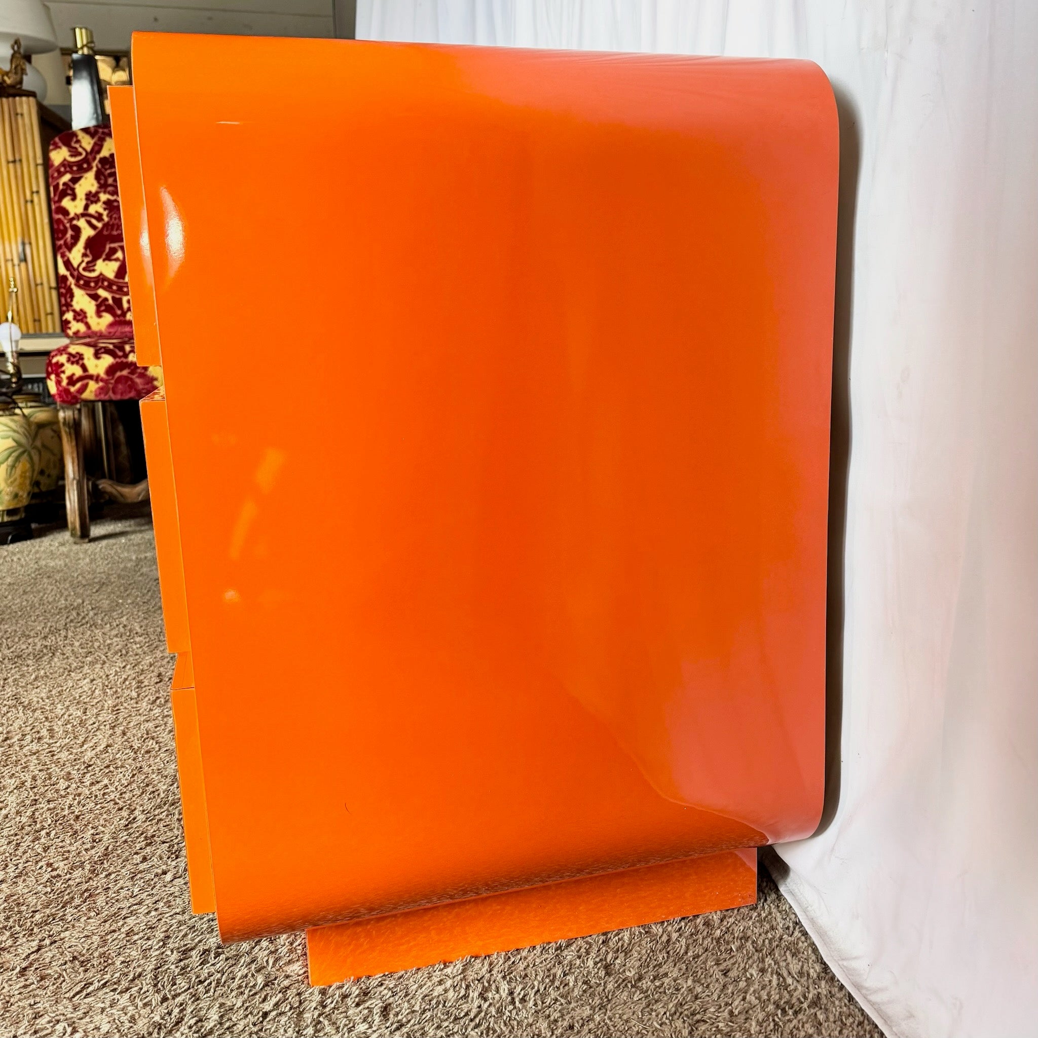 Postmodern Tangerine Orange Lacquer Laminate Waterfall Dresser