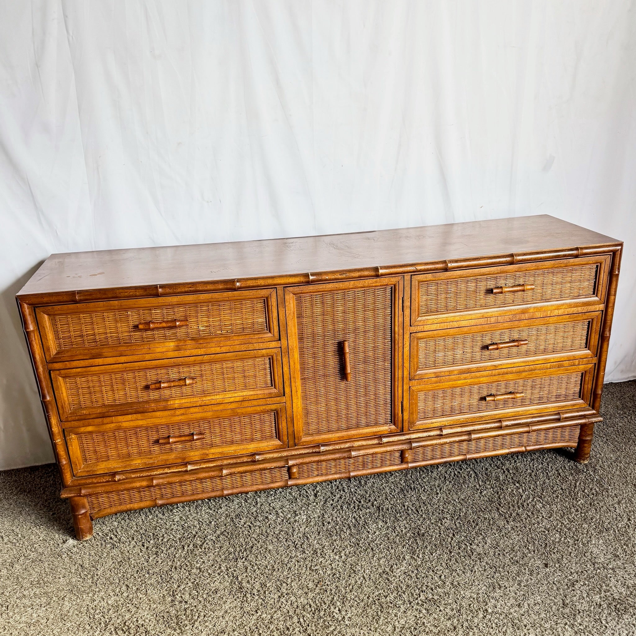 Vintage Boho Chic Faux Bamboo Wicker Dresser by American of Martinsville