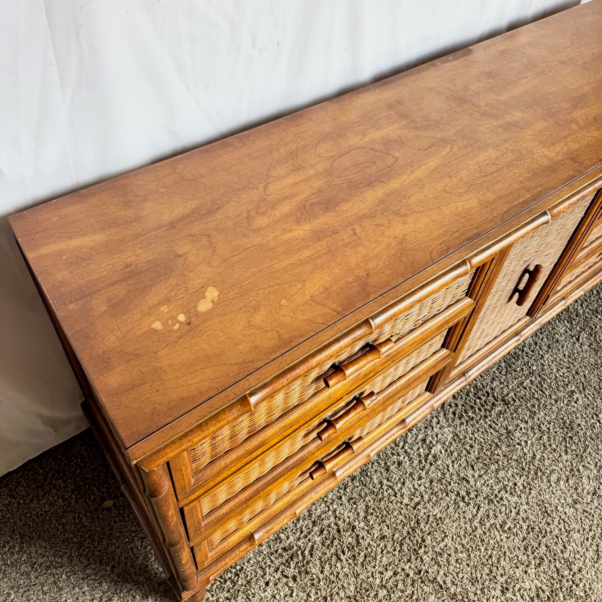 Vintage Boho Chic Faux Bamboo Wicker Dresser by American of Martinsville