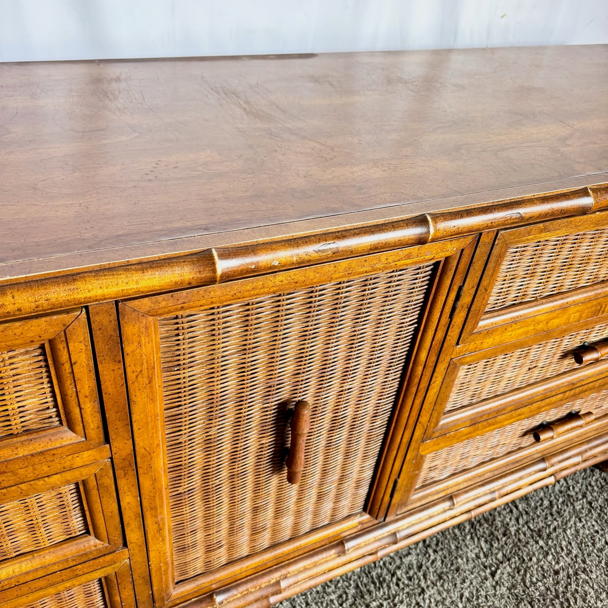 Vintage Boho Chic Faux Bamboo Wicker Dresser by American of Martinsville