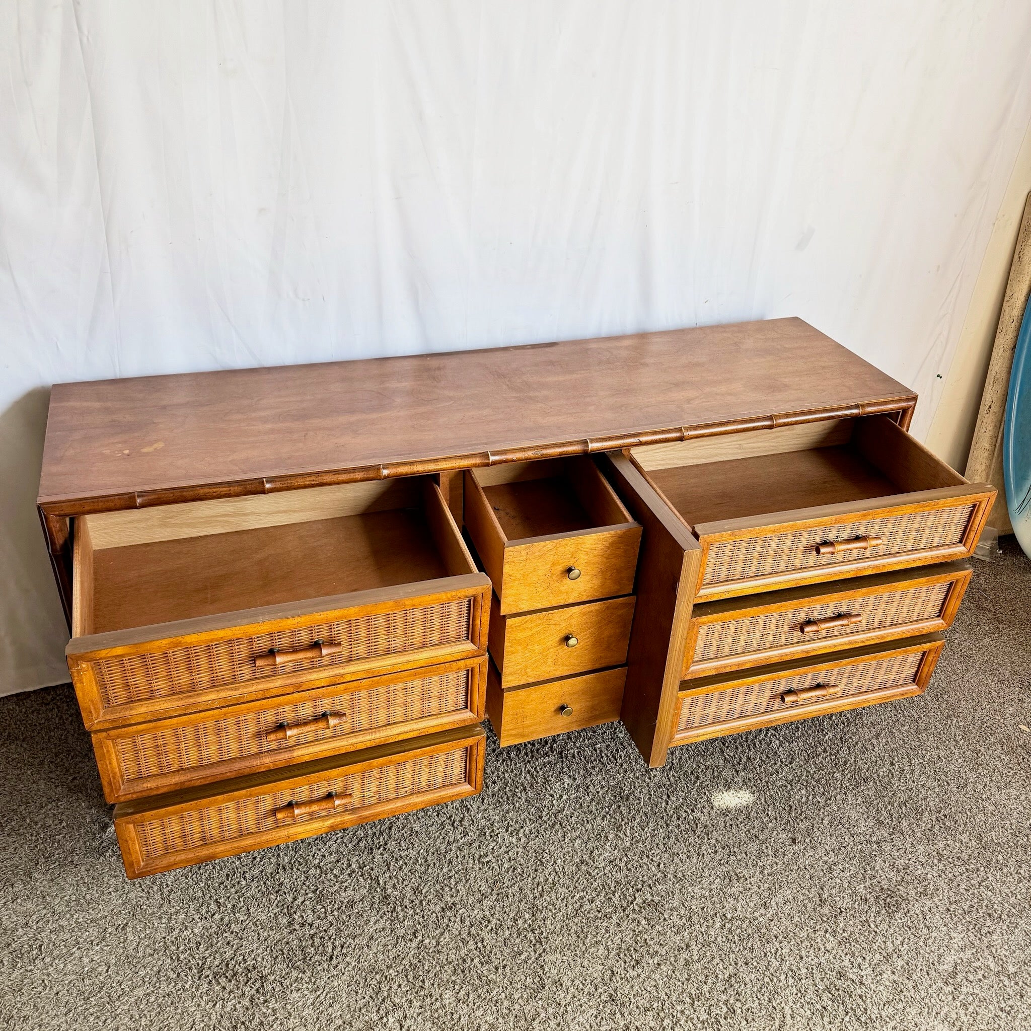 Vintage Boho Chic Faux Bamboo Wicker Dresser by American of Martinsville
