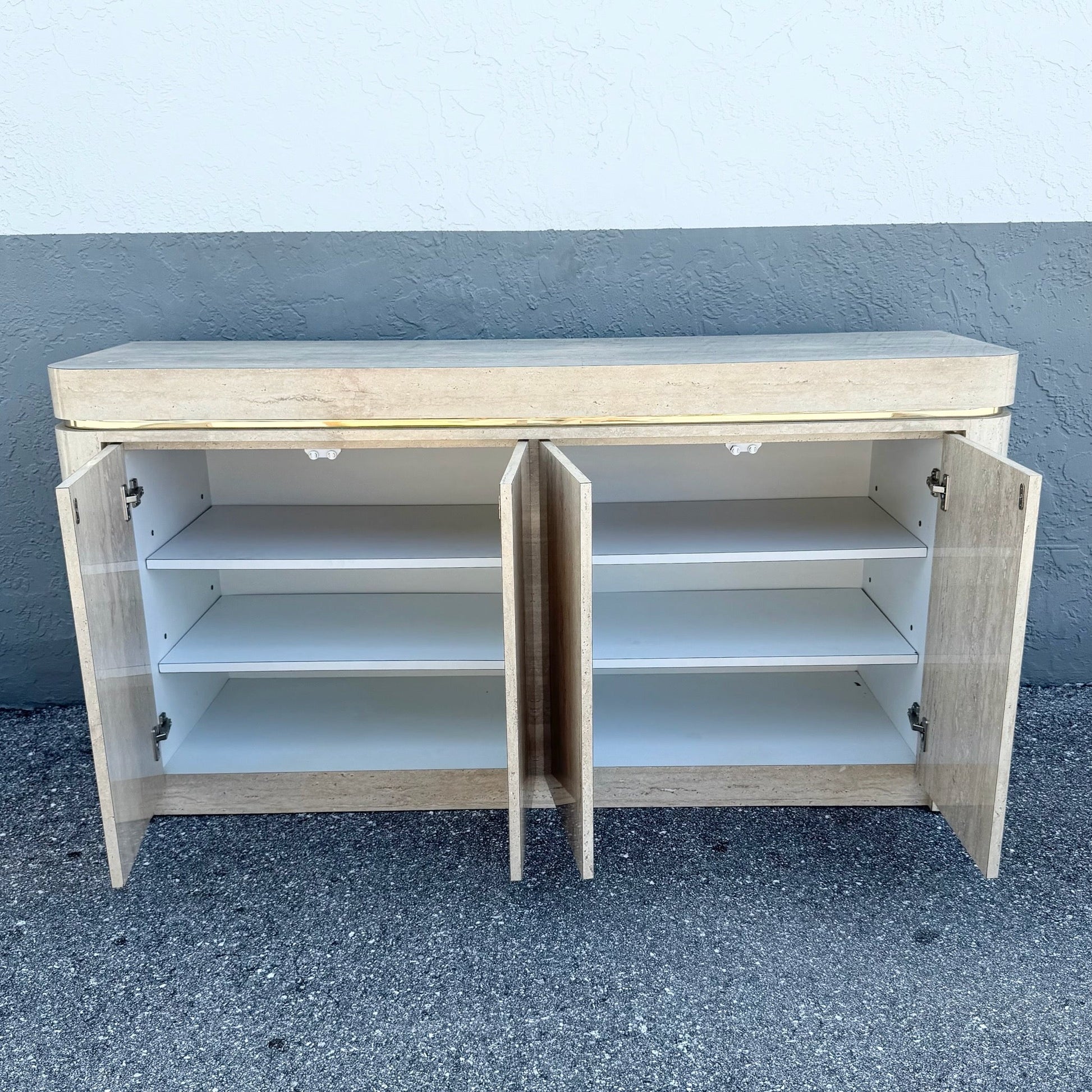 Postmodern Faux Travertine Laminate Credenza With Gold Accent Dolphin & Flamingo