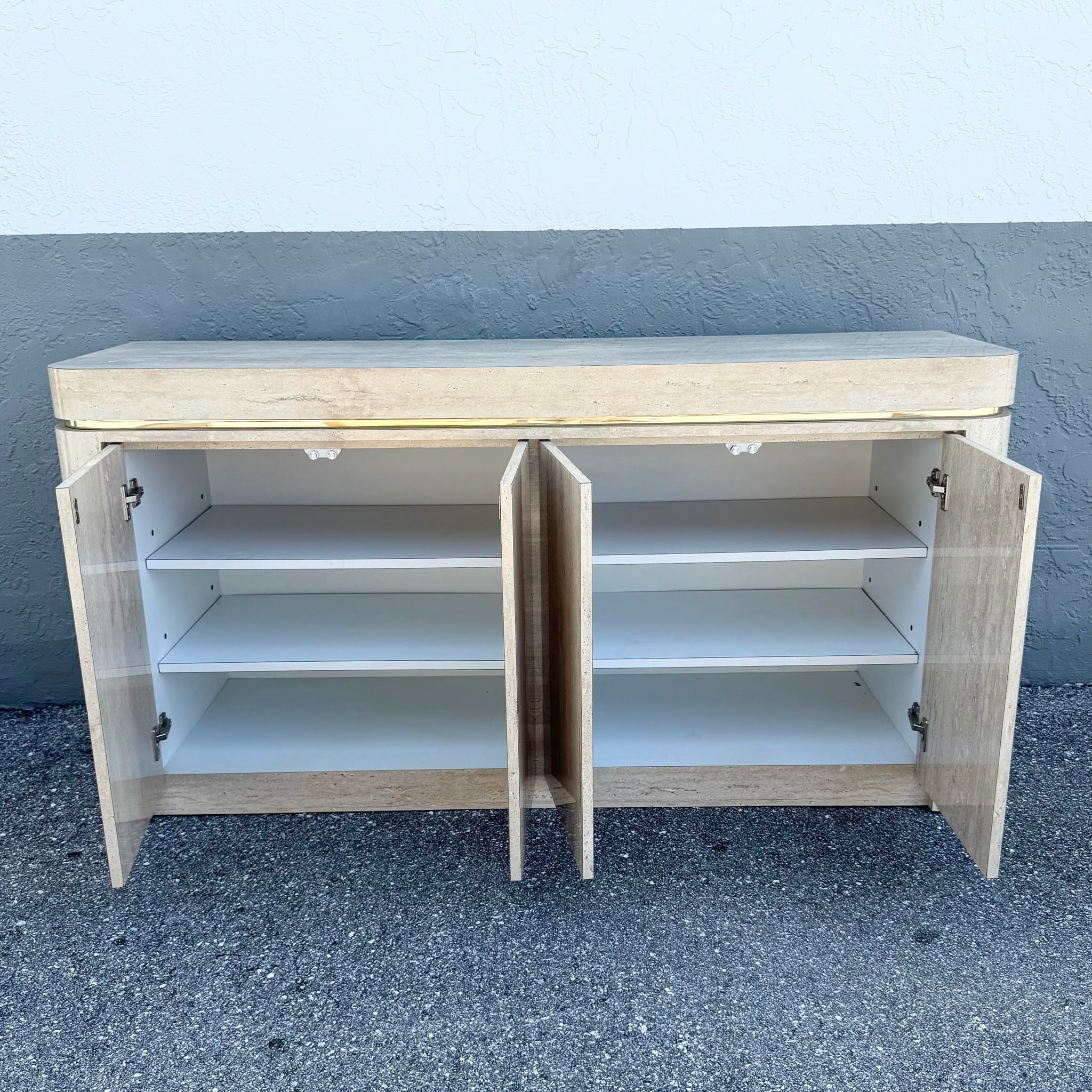 Postmodern Faux Travertine Laminate Credenza With Gold Accent Dolphin & Flamingo
