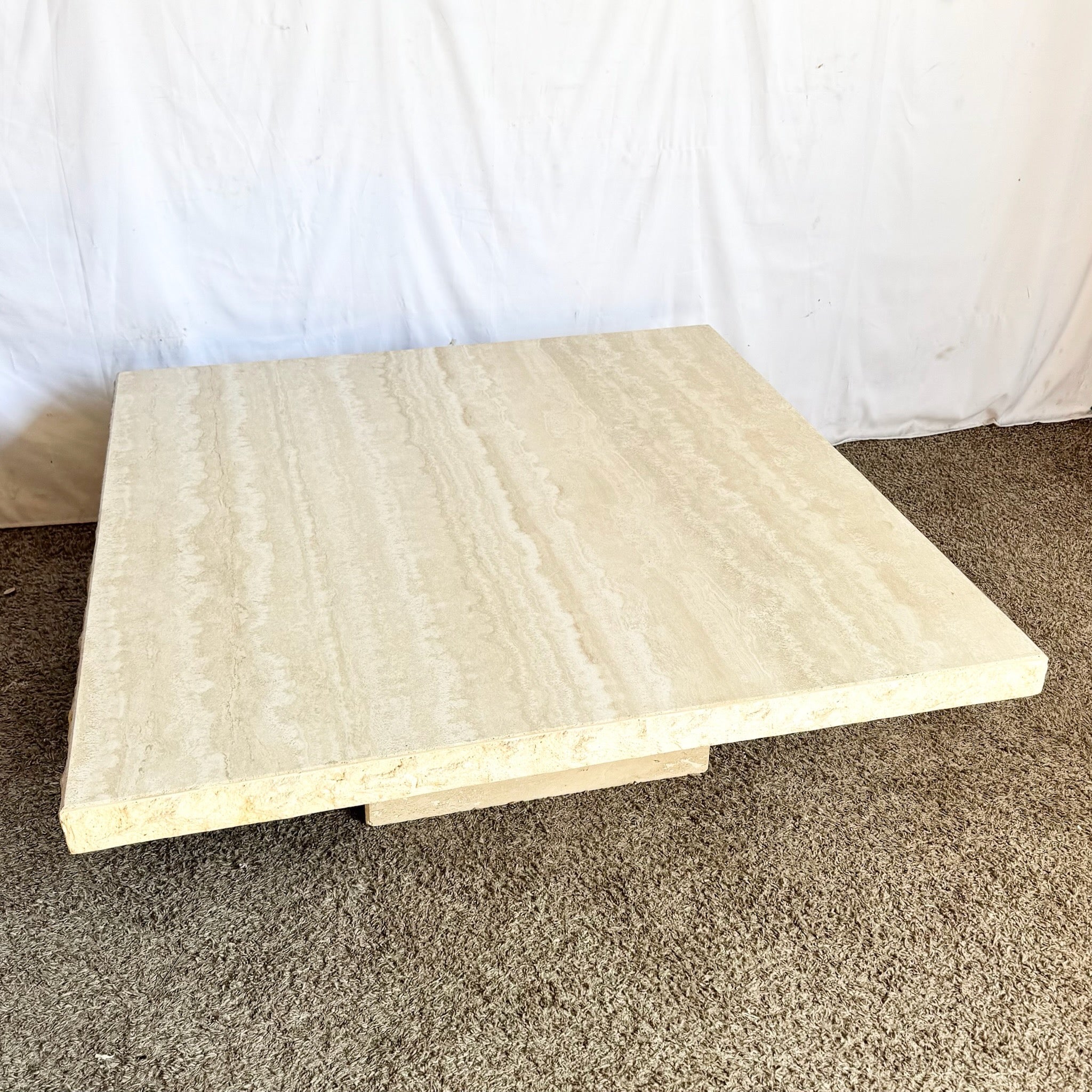 Vintage Italian Raw Edge Travertine Square Top Coffee Table by Stone International