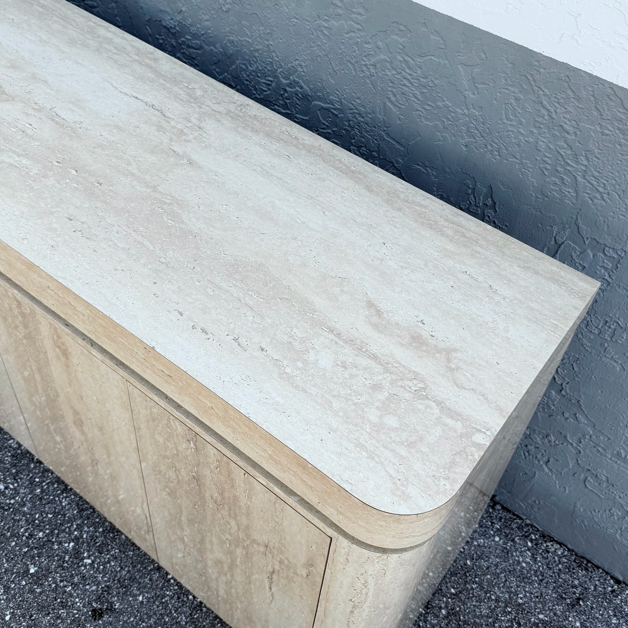 Postmodern Faux Travertine Laminate Credenza With Gold Accent Dolphin & Flamingo
