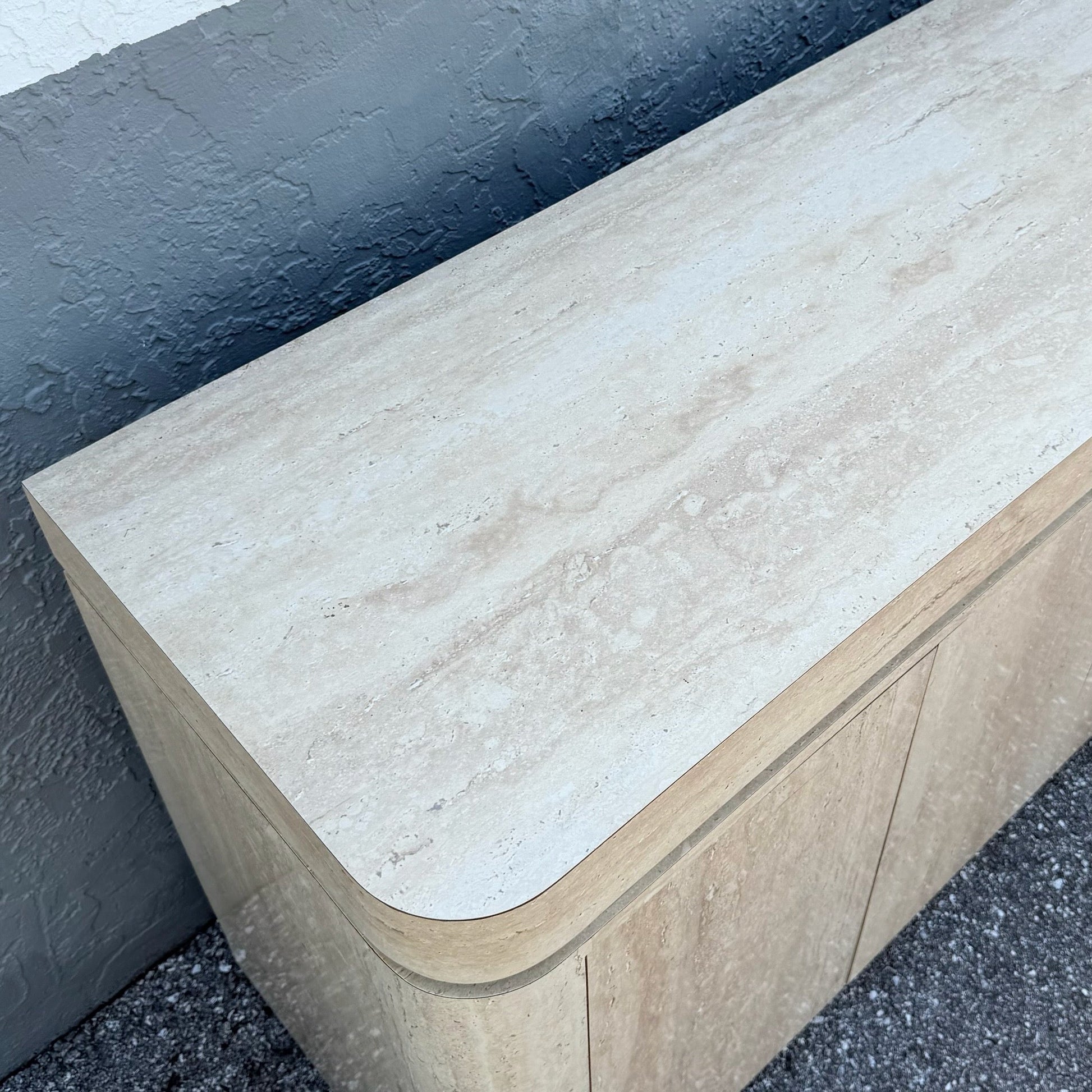 Postmodern Faux Travertine Laminate Credenza With Gold Accent Dolphin & Flamingo